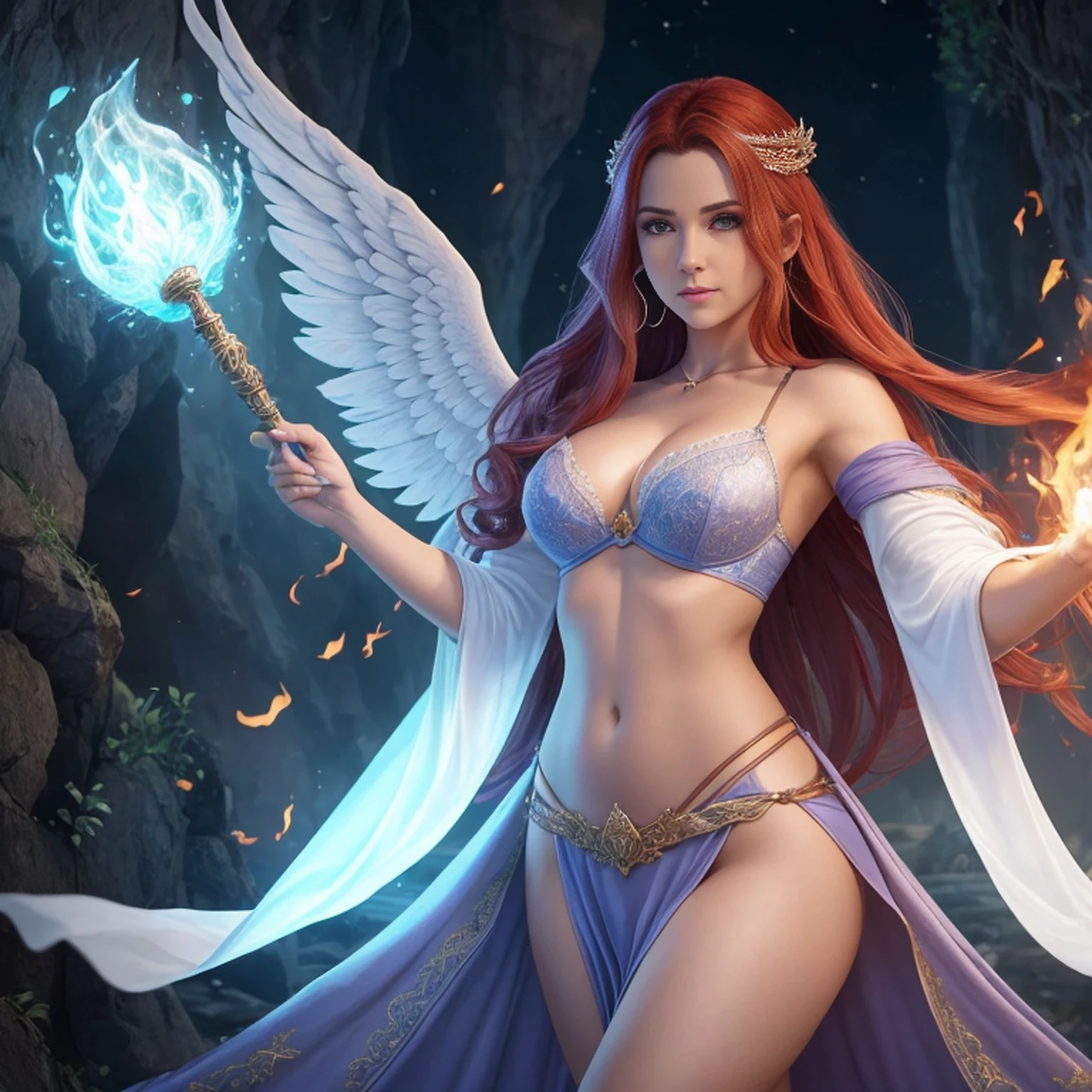 8k, ultra detalhado, master part, melhor qualidade, (extremamente detalhado), Arafed, arte dnd, scenic view, corpo inteiro, Aasimar sorceress casting a flaming spell, Aasimar, female, (Obra-prima 1.3, Detalhes intensos), female, feiticeira, Casting Flaming Spell (Obra-prima 1.3, Detalhes intensos) grandes asas angelicais, Open Blue Angelic Wings (Obra-prima 1.3, Detalhes intensos), magical fantasy background (Obra-prima 1.5, Detalhes intensos), lua, Estrelas, nuvem, vestindo manto branco, Capa roxa, flowing robe (Obra-prima 1.3, Detalhes intensos), Botas de salto alto (Obra-prima 1.3, Detalhes intensos), armado com pessoal, red hair, olhos verdes, olhos intensos, Feminino, Face Ultra Detalhada, (Obra-prima 1.5, melhor qualidade), anatomicamente correto (Obra-prima 1.3, Detalhes intensos), face determinada, Luz Divina, Cinematic lighting, luz suave, silhueta, fotorrealismo, scenic view (Obra-prima 1.3, Detalhes intensos) , Wide-Angle, Ultra-Grande Angular, 8k, Altas, melhor qualidade, Detalhes altos