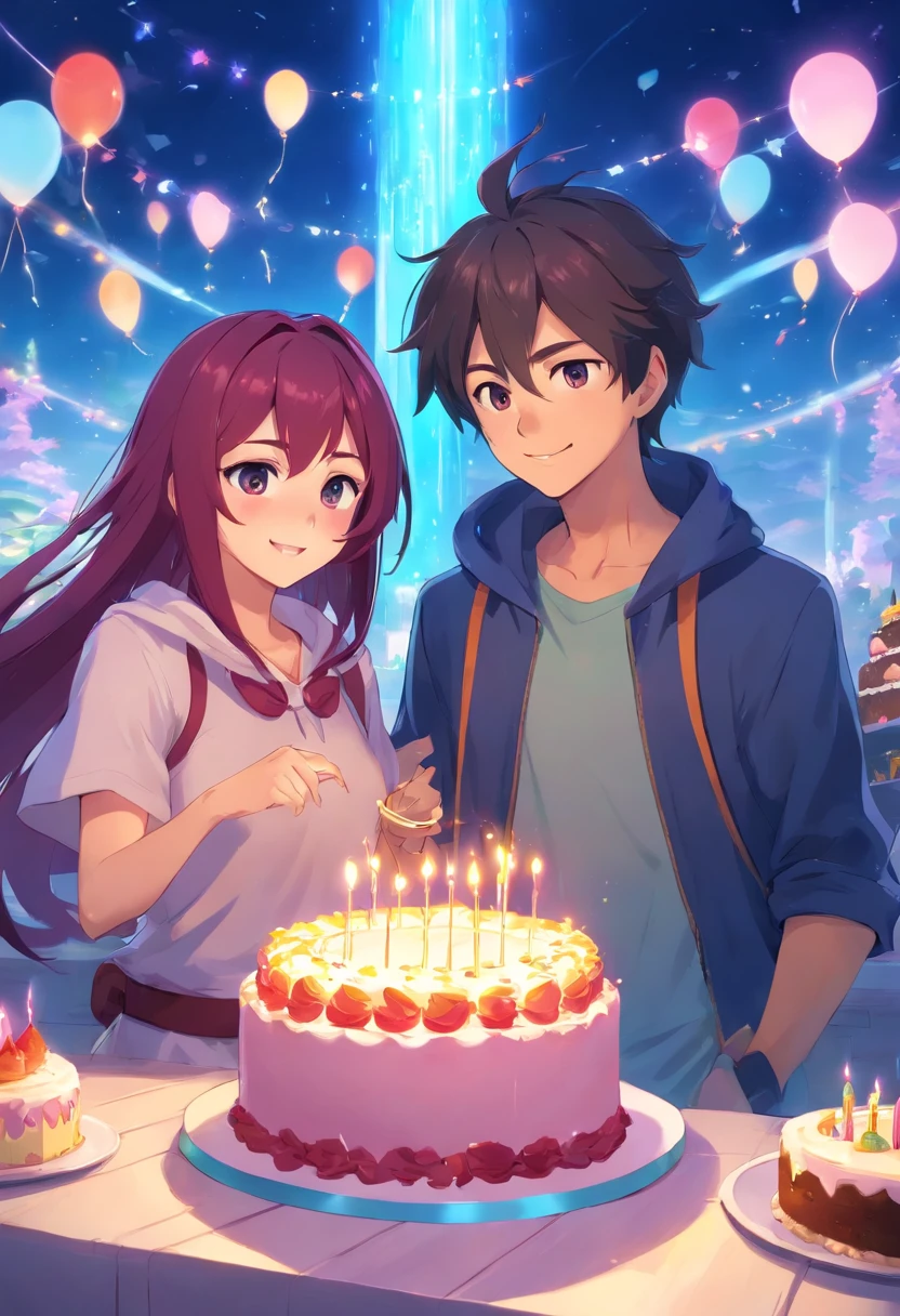 Best quality, 1girl, 1boy, happy, surprise, birthday party, cake, xayah, rakan, League Of Legends, vastaya, couple