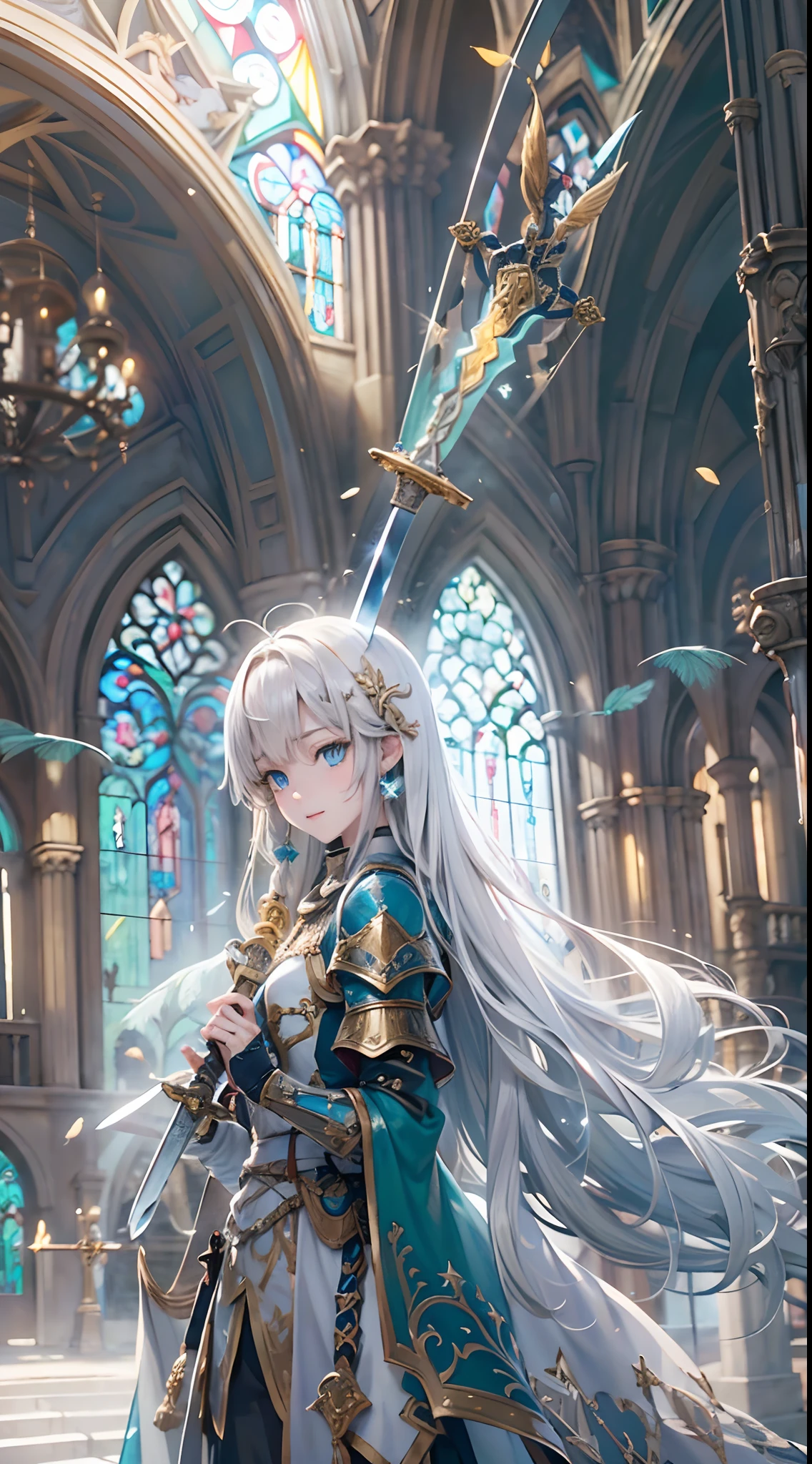 (Official Art、Highest quality、Unity 8k wallpaper、32K、masterpiece、Very detailed、Ultra-high resolution、Realistic、realism、very interesting:1.2)、(Cinema Lighting:1.2)、Fire effect、Film Grain、The best shade、Edge lighting、Side light、(Very detailed且复杂的 3D 渲染)、细致Beautiful Face庞和眼睛、Sharp pupils、Realistic学生、Slender、１men and women、Medium Bust、(whole body:1.2)、 Beautiful Face、Beautiful 16 year old girl、(super fine muscle、Detailed skin texture:1.3)、(Silver Blonde、Blue-silver hair:1.3)、Paladin、Long Hair、Blunt bangs、Green Eyes、3 braids 1 bundle、(Blue Armor、Blue Boots、Blue Helmet、Decorated with jewels、Gold embroidery)、Slender、Long skirt、(Thighs Thighs Thighs Thighs:0.8)、(Chis、Inside the house、Art stained glass、Large Pipe Organ、Hello、mystery、a lot of feathers floating、Angelic、Particles of light、Severe、The sun、colorful、wonderful:1.2)、(wonderful:1.3)、(With the holy sword in hand:1.4)、wonderful、Laugh and laugh