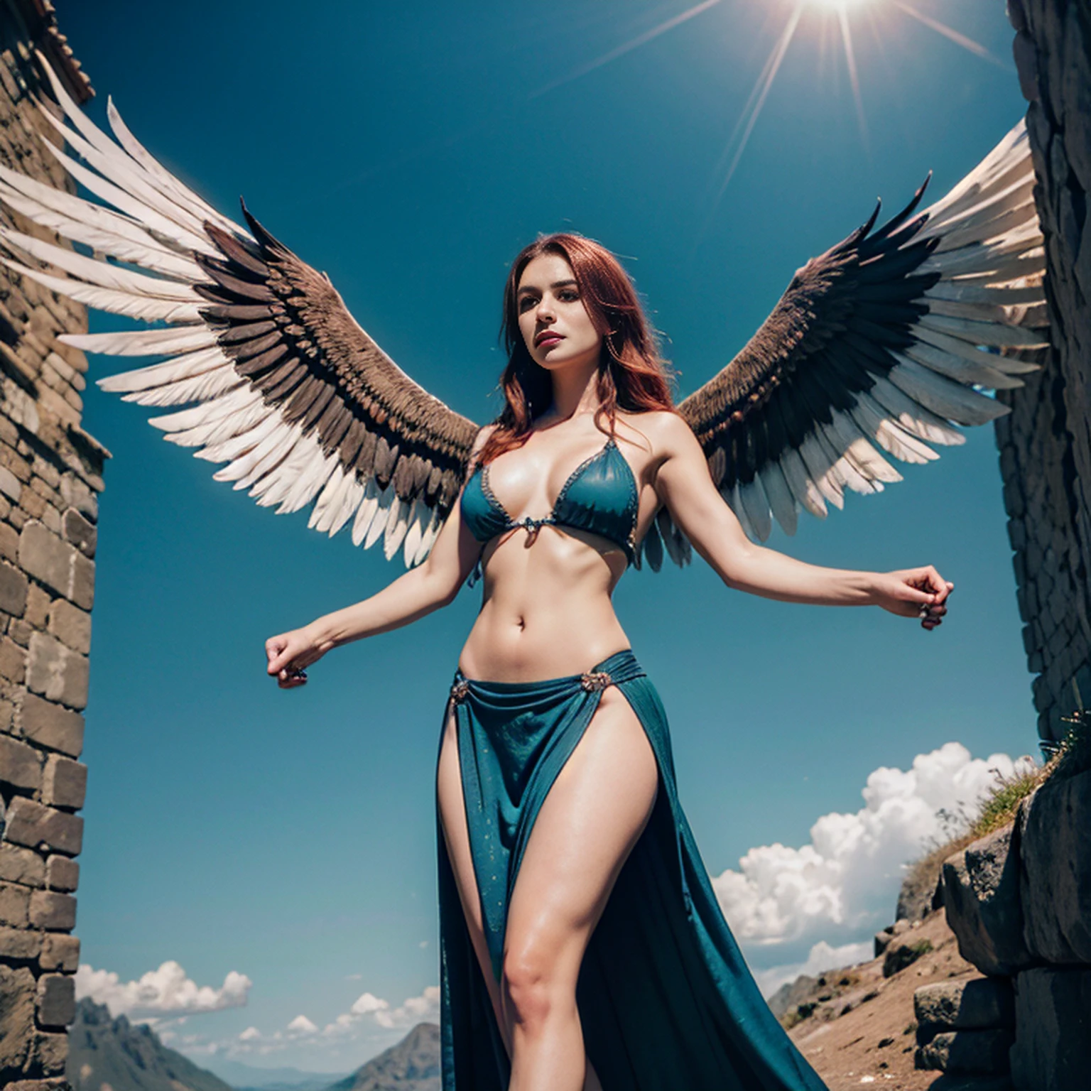 8k, ultra detalhado, master part, melhor qualidade, (extremamente detalhado), Arafed, arte dnd, scenic view, corpo inteiro, Aasimar sorceress casting a flaming spell, Aasimar, female, (Obra-prima 1.3, Detalhes intensos), female, feiticeira, Casting Flaming Spell (Obra-prima 1.3, Detalhes intensos) grandes asas angelicais, Open Blue Angelic Wings (Obra-prima 1.3, Detalhes intensos), magical fantasy background (Obra-prima 1.5, Detalhes intensos), lua, Estrelas, nuvem, vestindo manto branco, Capa roxa, flowing robe (Obra-prima 1.3, Detalhes intensos), Botas de salto alto (Obra-prima 1.3, Detalhes intensos), armado com pessoal, red hair, olhos verdes, olhos intensos, Feminino, Face Ultra Detalhada, (Obra-prima 1.5, melhor qualidade), anatomicamente correto (Obra-prima 1.3, Detalhes intensos), face determinada, Luz Divina, Cinematic lighting, luz suave, silhueta, fotorrealismo, scenic view (Obra-prima 1.3, Detalhes intensos) , Wide-Angle, Ultra-Grande Angular, 8k, Altas, melhor qualidade, Detalhes altos