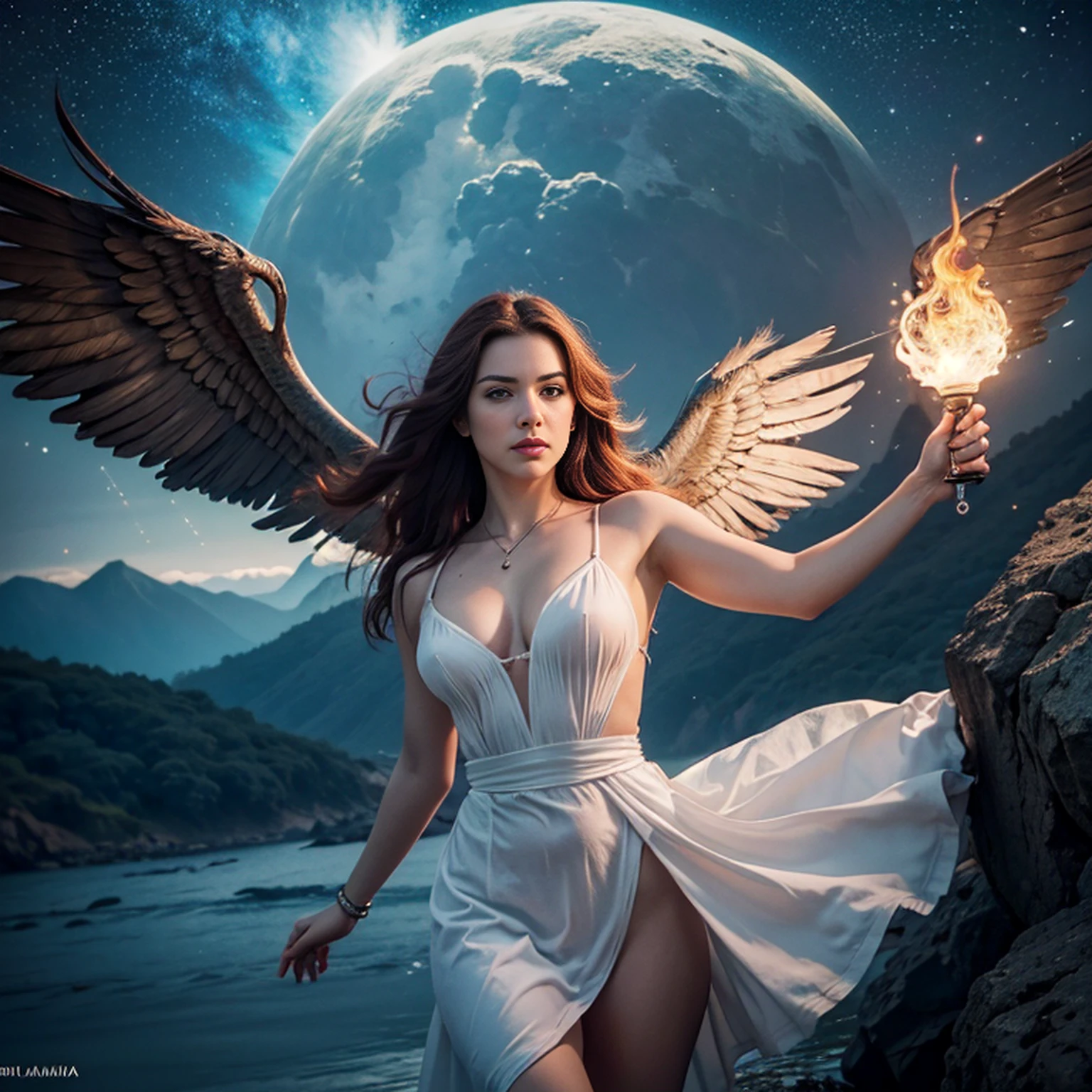 8k, ultra detalhado, master part, melhor qualidade, (extremamente detalhado), Arafed, arte dnd, scenic view, corpo inteiro, Aasimar sorceress casting a flaming spell, Aasimar, female, (Obra-prima 1.3, Detalhes intensos), female, feiticeira, Casting Flaming Spell (Obra-prima 1.3, Detalhes intensos) grandes asas angelicais, Open Blue Angelic Wings (Obra-prima 1.3, Detalhes intensos), magical fantasy background (Obra-prima 1.5, Detalhes intensos), lua, Estrelas, nuvem, vestindo manto branco, Capa roxa, flowing robe (Obra-prima 1.3, Detalhes intensos), Botas de salto alto (Obra-prima 1.3, Detalhes intensos), armado com pessoal, red hair, olhos verdes, olhos intensos, Feminino, Face Ultra Detalhada, (Obra-prima 1.5, melhor qualidade), anatomicamente correto (Obra-prima 1.3, Detalhes intensos), face determinada, Luz Divina, Cinematic lighting, luz suave, silhueta, fotorrealismo, scenic view (Obra-prima 1.3, Detalhes intensos) , Wide-Angle, Ultra-Grande Angular, 8k, Altas, melhor qualidade, Detalhes altos
