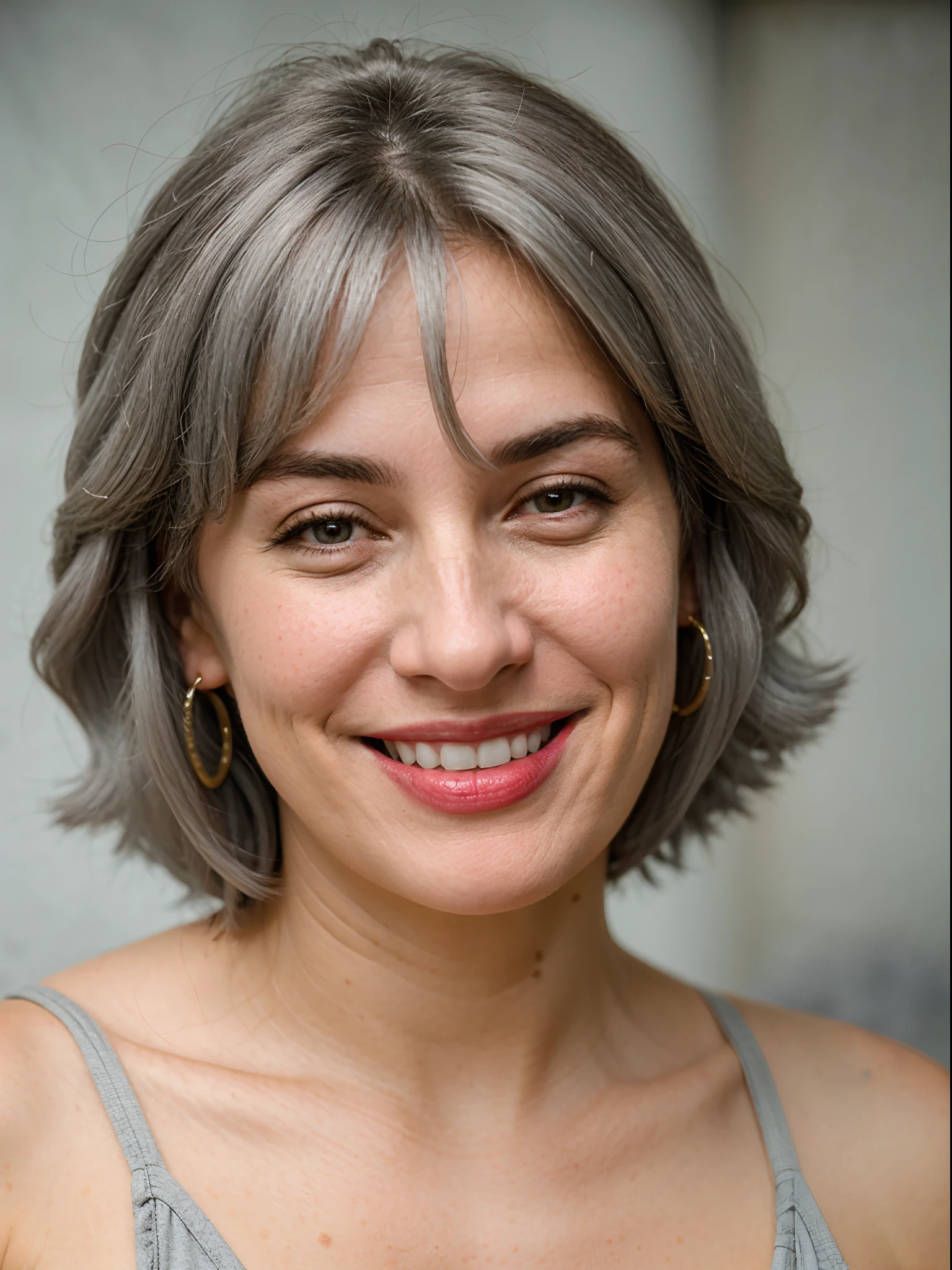 mulher de 45 anos, Gray hair smiling in a blurred backdrop after discovering exciting news.