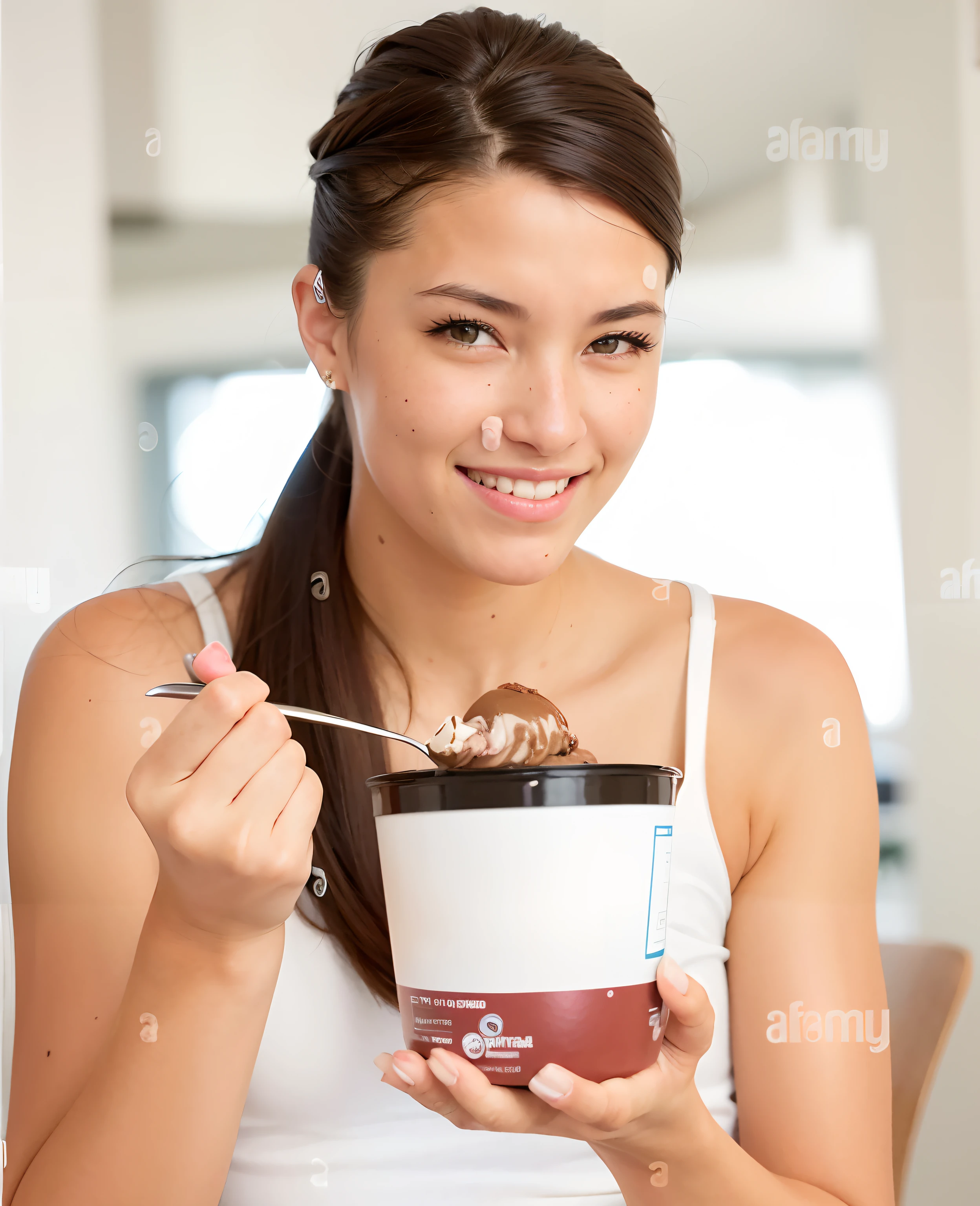 a woman eating a bowl of Ice cream rolls with a spoon in her hand , attractive girl, photo of a model, girl with brown hair,