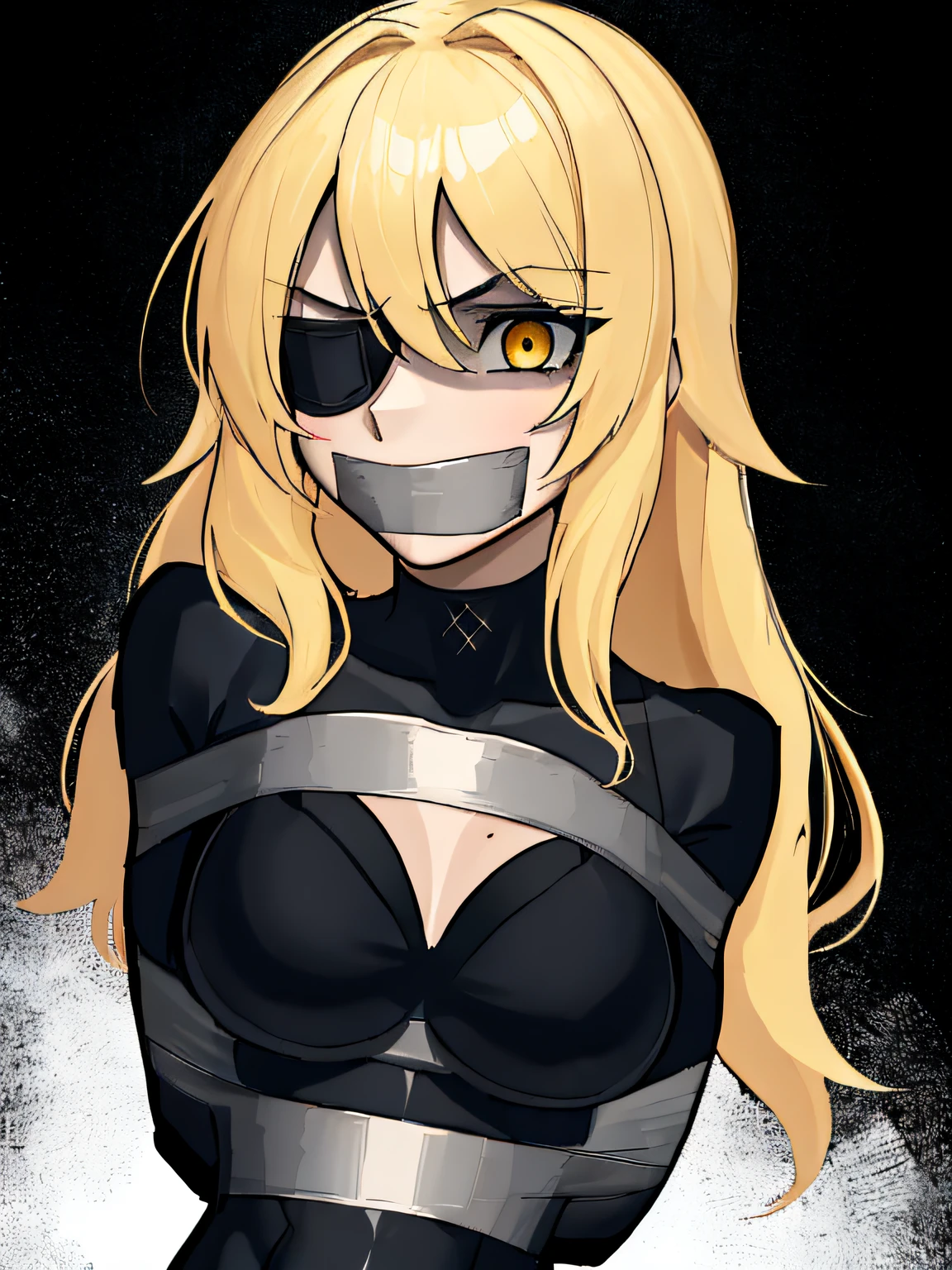 (absurdres, 8k, 4k, masterpiece, hyper extreme detailed:1.2), (masterpiece), best quality, expressive eyes, highres, perfect eyes, 1girl, perfect face, perfect hands, standing, belt, 1girl, blonde hair, eyepatch, perfect anatomy, eyepatch, long hair, platinum blonde hair, muscular, toned body, strong, empty eyes, empty eyes, blank stare, straps, golden eyes, deadpan, expressionless, tired, fatigue, shaded face, floating, bondage, bdsm, bound, bdsm, tape gag, tape, tape bondage, restrained, tape wrapped, wrap gag, bondage, taped wrists, taped breasts, taped mouth, taped elbows, taped forearms, standing up, 1girl, arms behind back,