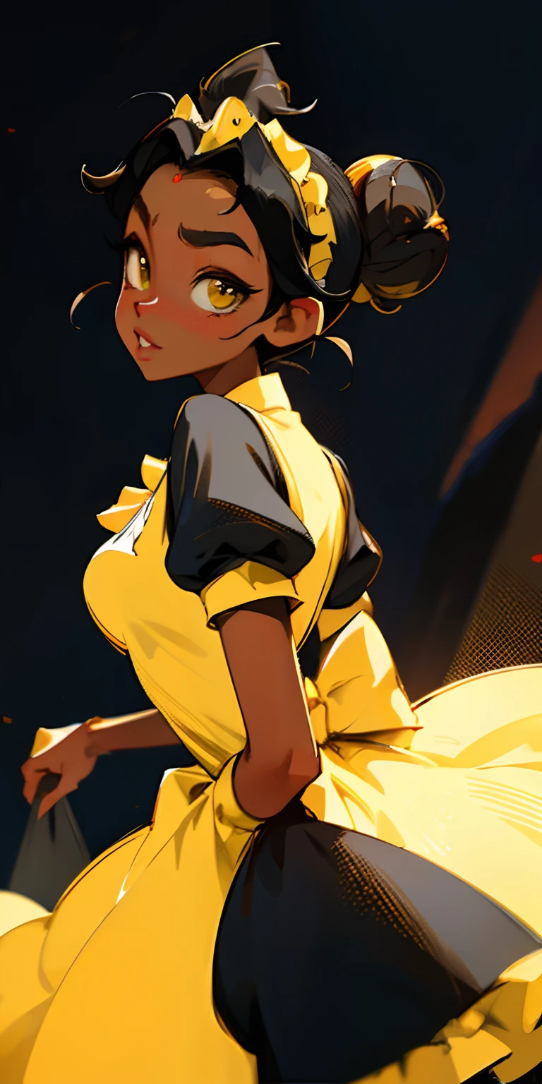 princess tiana dark skin black 2D anime style in yellow waitress dress dark black hair in bun