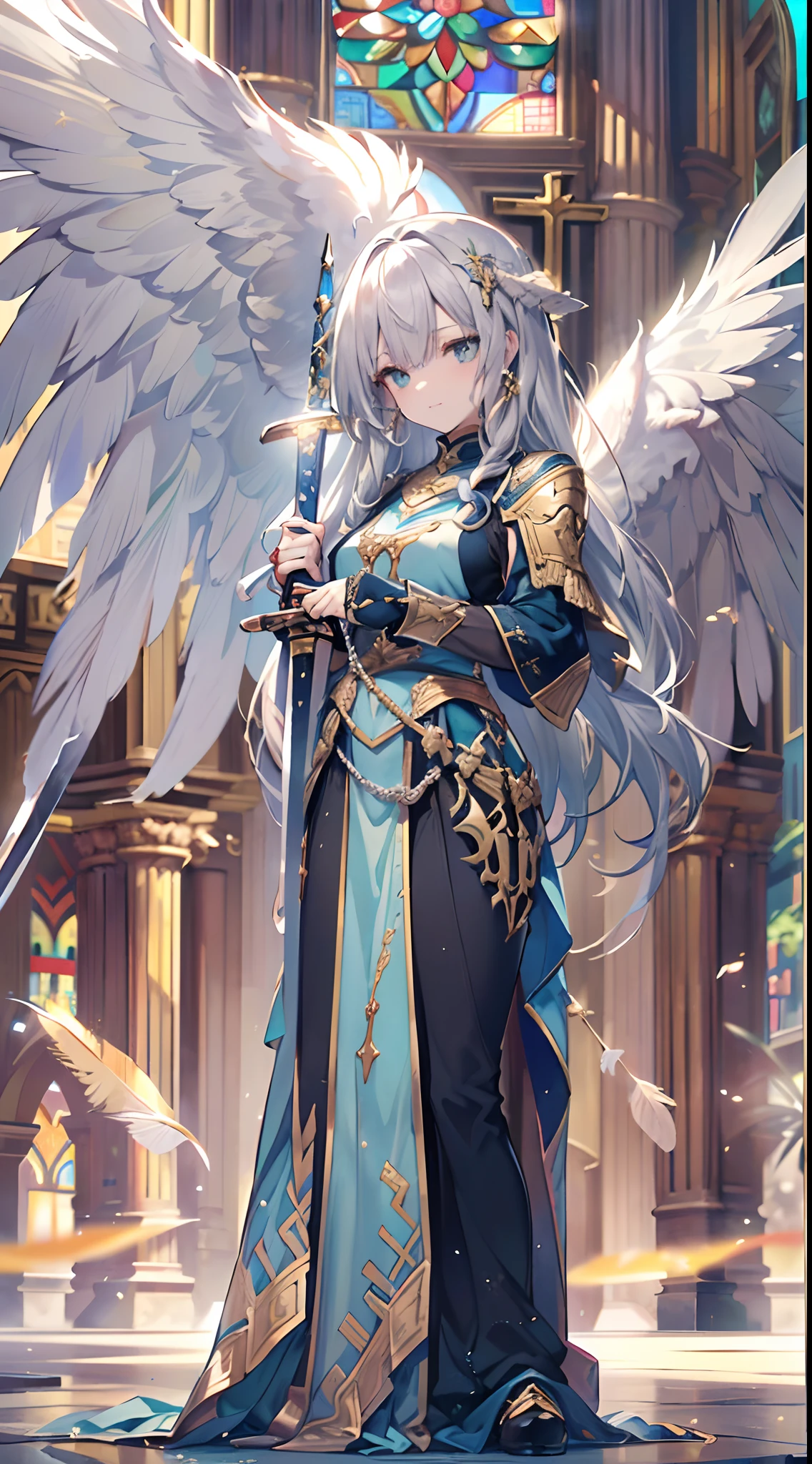 (Official art、Best Quality、Unity 8k Wallpapers、32K、masterpiece、ultra-detailliert、超A high resolution、realisitic、Photorealsitic、Very ridiculous:1.2)、(Cinematic lighting:1.2)、Fireglow effect、film grains、Best Shadows、Rim lighting、side lights、(Ultra-detailed and complex 3D rendering)、Detailed beautiful face and eyes、Sharp pupils、Realistic pupils、A slender、1Man Woman、Medium bust、(Full body:1.2)、 beauitful face、-yeld beiful girl、(super detailed skin、detailed skin textures:1.3)、(silver blond、Blue-silver hair:1.3)、Paladin、Longhaire、Blunt bangs、Green eyes、3 braids in 1 bunch、(Blue Armor、Blue Boots、Blue helmet、Jeweled、Gold embroidery)、A slender、Maxi skirt、(thighs thighs thighs thighs:0.8)、(chies、in a house、Artistic stained glass、Large pipe organ、crosses、Hello Point、Mystical、a lot of feathers float、angelicales、Particles of light、solemnity、Sunlight is、colourfull、Fantastical:1.2)、(Fantastical:1.3)、(Holding the Holy Sword:1.4)、(Looking away、looking distantly:1.3)、Fantastical、Gentle smile