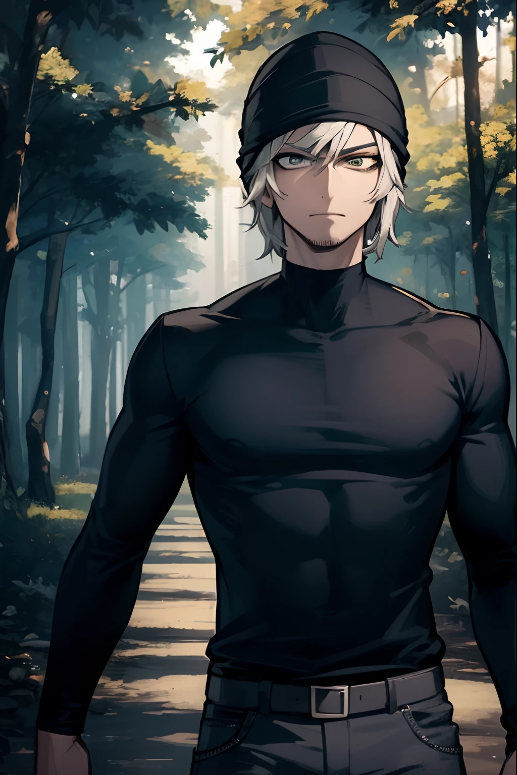 Homem loiro de anime, Wearing black shirt and jeansno standing in a forest, black bonnet, cara de anime alto com olhos azuis, anime exuberante john 8k madeiras, homem bonito anime, personagem de anime masculino, Retrato anime de um homem bonito, arte cg anime suave, estilo anime masculino, pose de anime bonito, digital advanced anime art ", jovem homem de anime, cara bonito na arte demon slayer