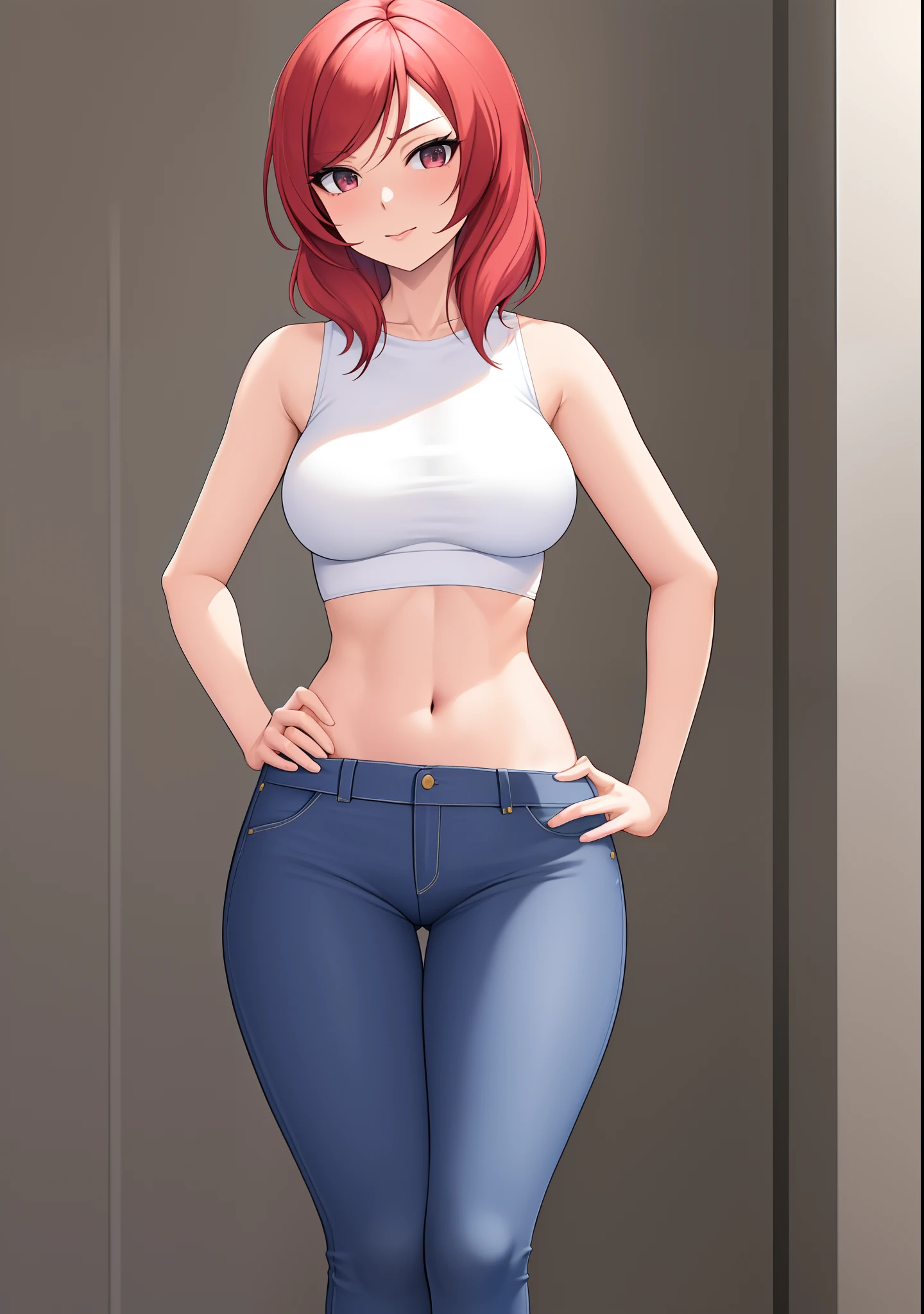 Masterpiece, best quality,solo, adult woman,30 years old,standing,Nishikino maki, skinny pants, white crop top, sleeveless, curvy body,wide hips,hand on hip