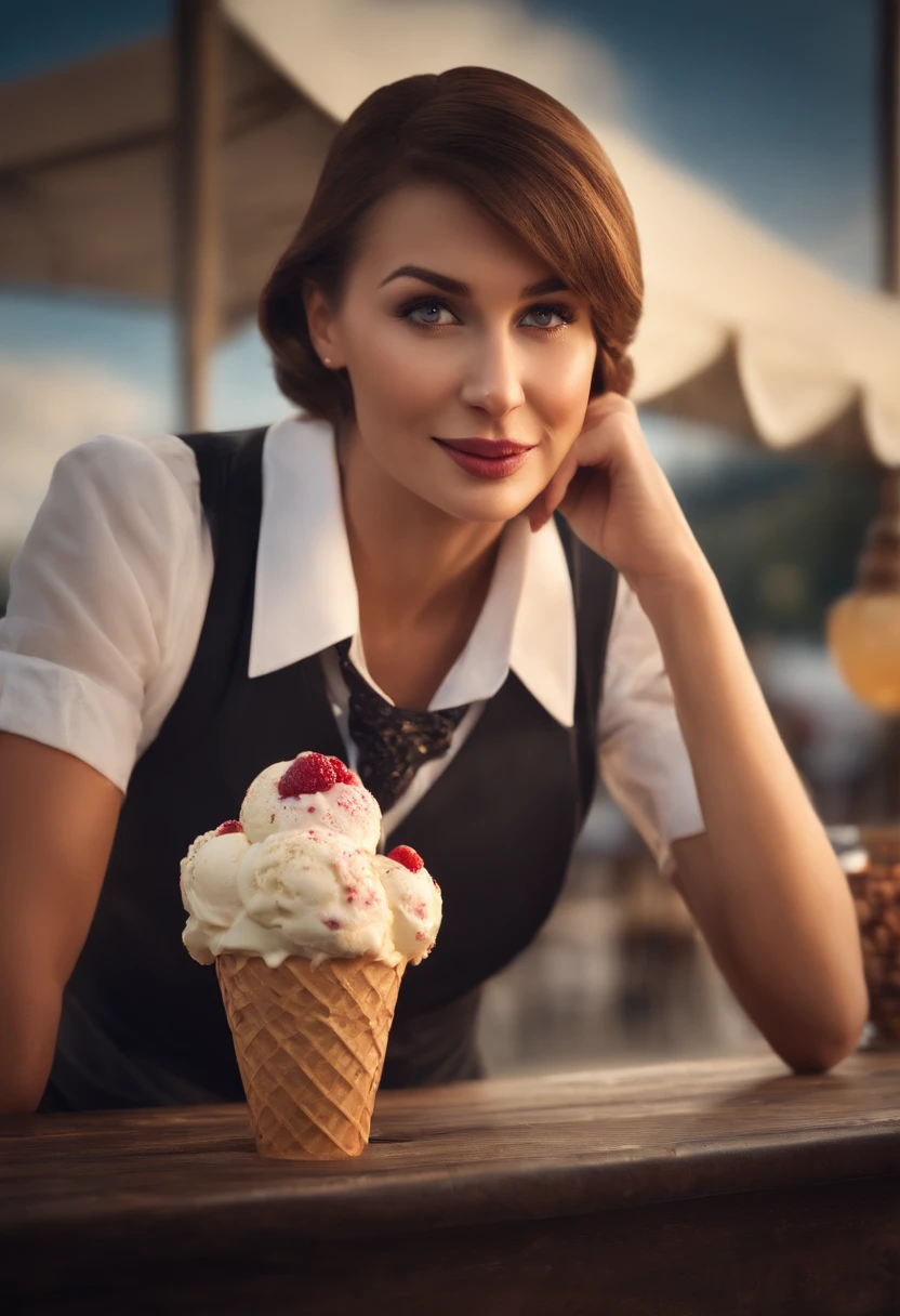 (8K, photo RAW, Best Quality, Master Part: 1.2), (Realistic, photo-realistic: 1.37), overdetalization, 1 Couple, Odin, beautiful detailed sky, detailed cafe, the night, Sits, (flushed nose), (smil: 1.1), (mouth closed), Average Breasts,, beautiful detail eyes, (shirt with collar: 1.1), bowtie, pleated skirt, (Short hair: 1.2), hairlong, Eat Big Ice Cream,