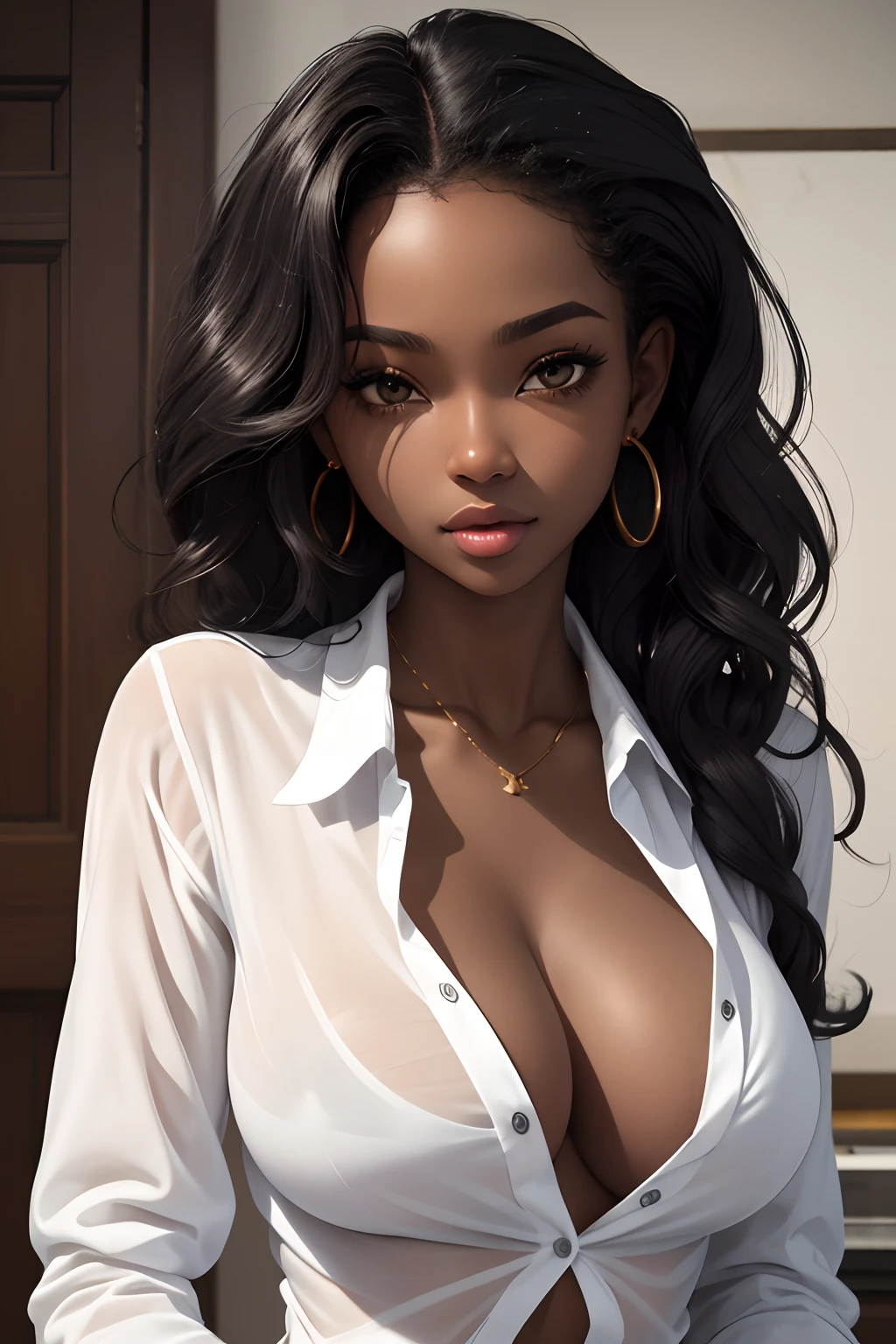 (masterpiece, best quality, SFW), deep ebony 1girl, beautiful face, Kimberly_jackson, freely wavy hair, unbuttoned white shirt, African