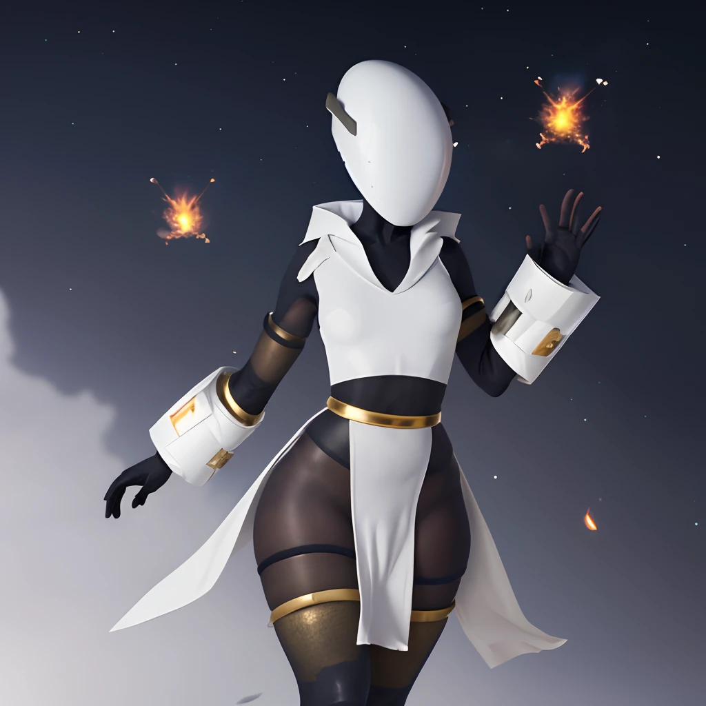 1girl, solo, standing, white bodysuit, skin tight, helmet, gloves, boots, breastplate, ((white tabard, tabard, pelvic curtain)), ((flying, floating)), outside, gauntlets, fire, magic, attacking, casting spell, petite, tall, skinny, full body view