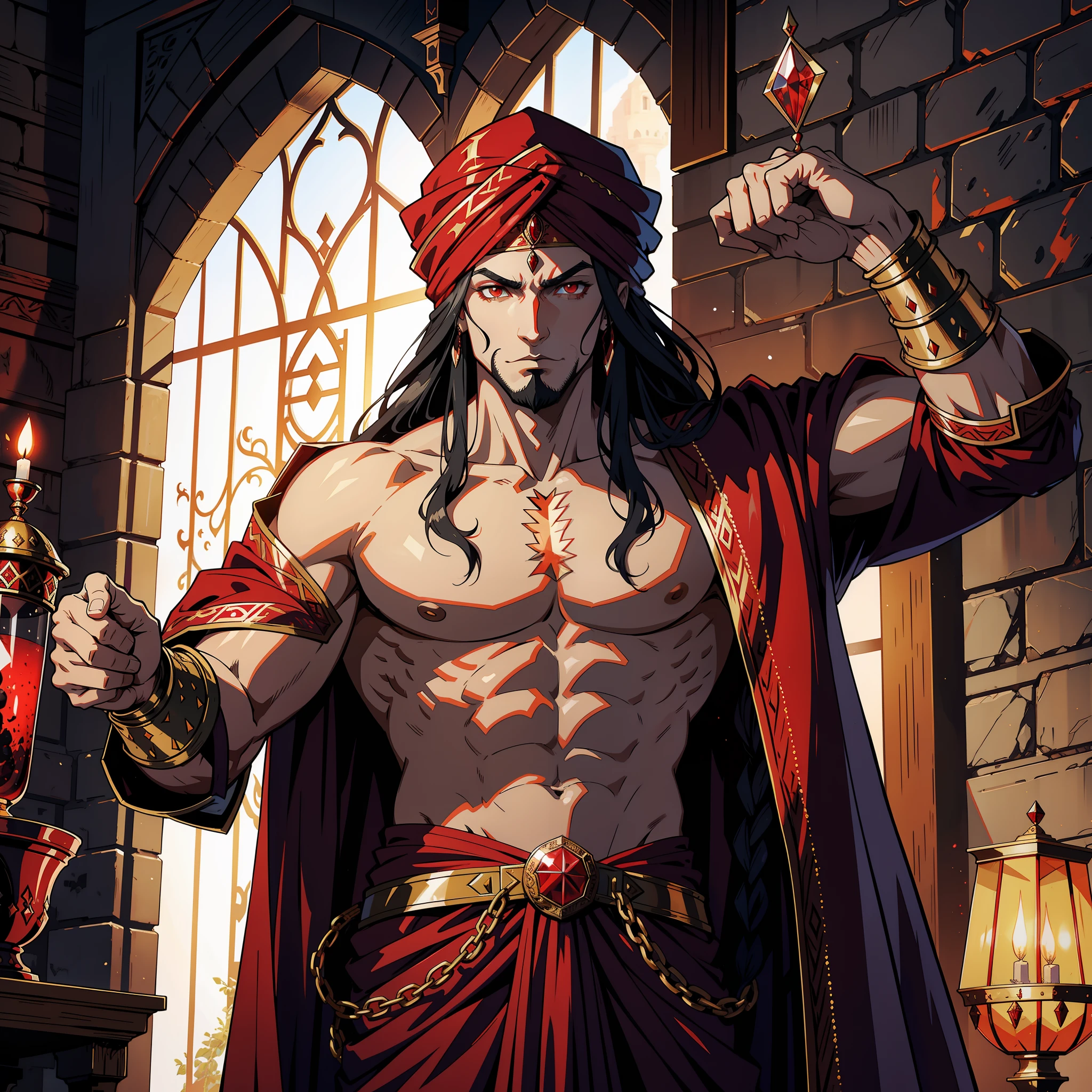 The Moroccan Arab Lord Dracula muscular fearless handsome scary man leading an army of Djinns in hyper realistic medieval combat Super Detailed High-quality centerpiece Lord Dracula with red turban Scary face Red Eyes Legendary Epic Scene Battle Atmosphere