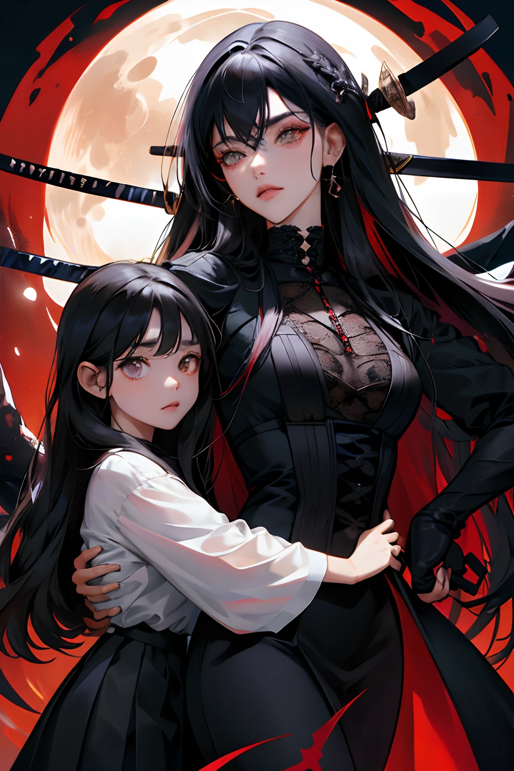 Ultra Detalhado, Mother and daughter, (cabelo preto), Olhos vermelhos, vestidos longos, cuddles, Katanas, gothic background, luz do ..fora, ......lua, Universo paralelo