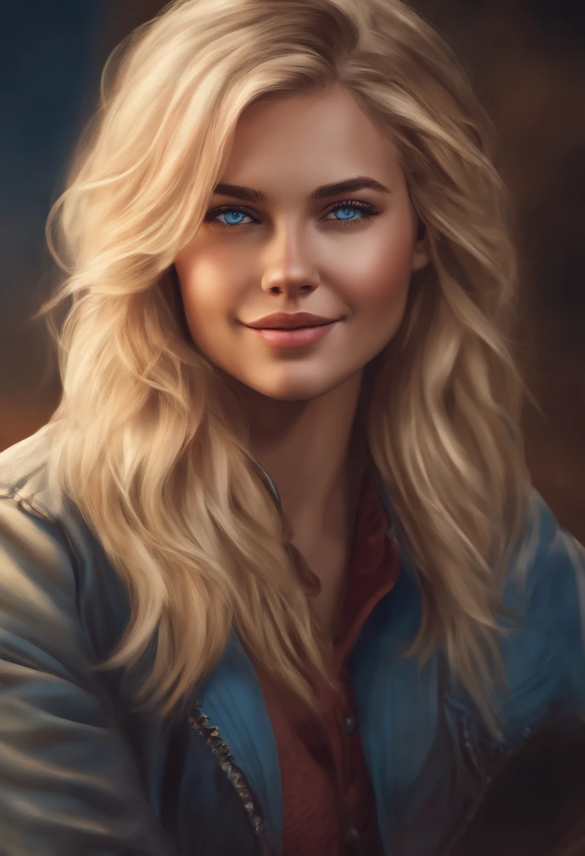Cristia Ott, 1girll, Solo, Krista Lentz, Smile, hair between eye, Blue eyes, Blonde hair, Jacket, Medium hair,