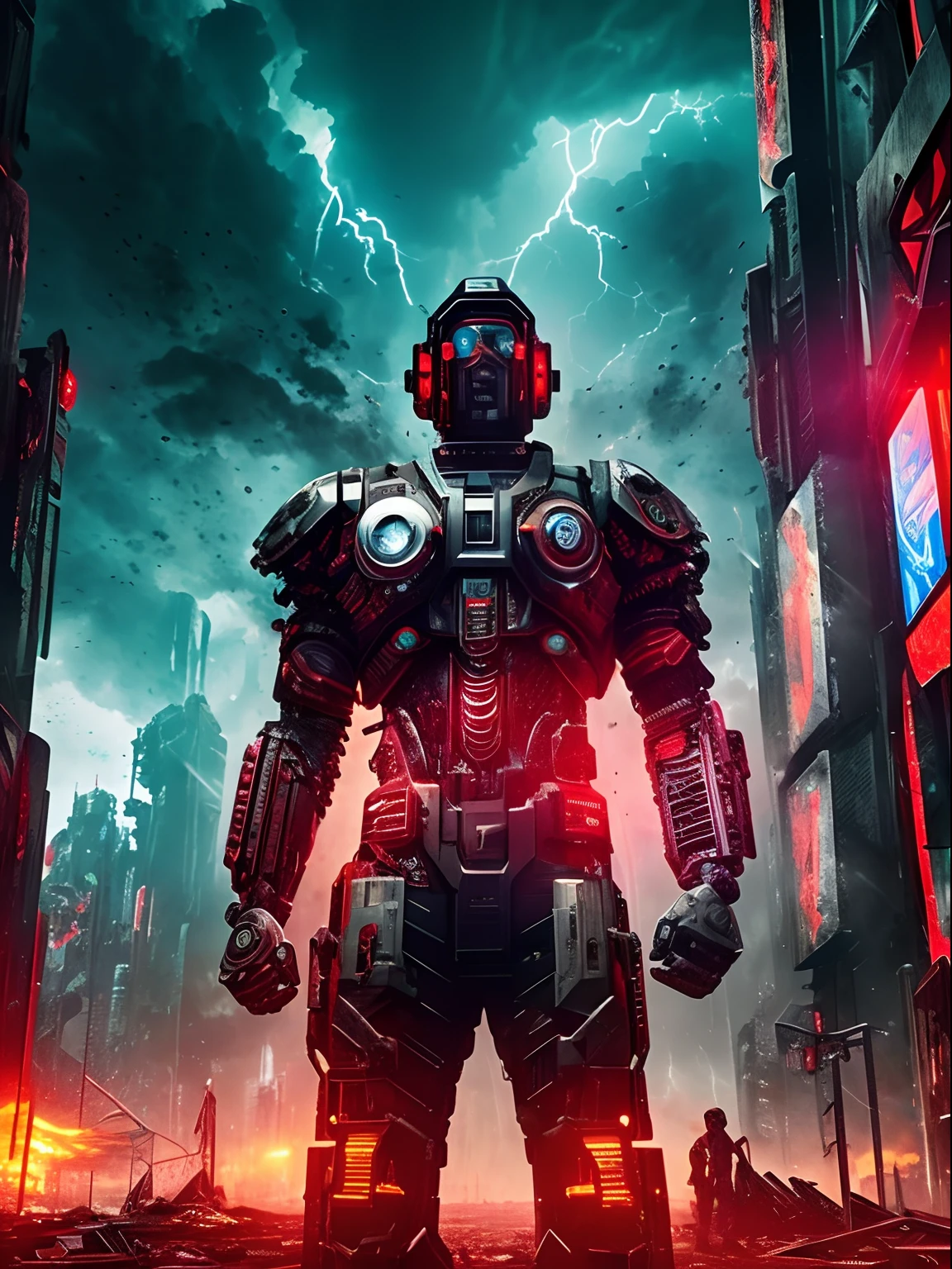 An extreme close-up view of an angy armed half human cyborg, across the view of a devastated metropolis, 3D; apocalyptic retro cyberpunk; heavy thunderstorms; red color splash; dynamic color-field; dynamic action poses; cyclorama effect; ultra realistic, cinematic lighting