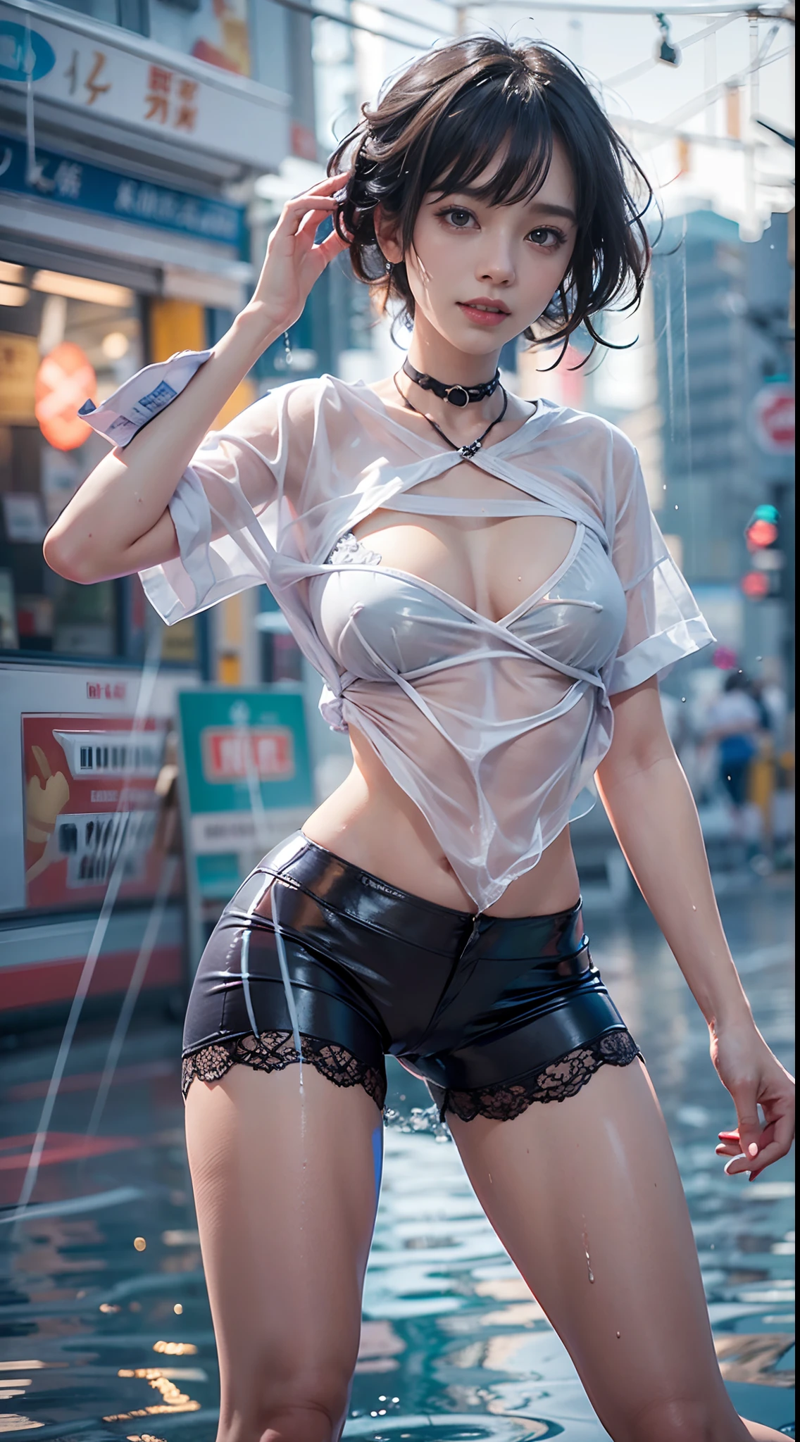 blue-sky, Wet in the rain, The whole body is soaking wet, white t-shirts, Panties with a narrow pink area, No bra, Wet costumes are see-through, Modern cityscape, Smiling smile, (NSFW), 1womanl, 独奏, 24 year old, 7headed body, (Ideal ratio body proportions), (Composition from head to thigh), erectile nipple, Sexy body, Wet, short-hair, A dark-haired, small tits, A slender, Small buttocks, beauty legs, Skinny Legs, surrealism, Cinematic lighting, depth of fields, One-person viewpoint, F/1.8, 135 mm, nffsw, masutepiece, ccurate, ((Anatomically correct)), Textured skin, Super Detail, high details, High quality, awardwinning, Best Quality, hight resolution, 8K