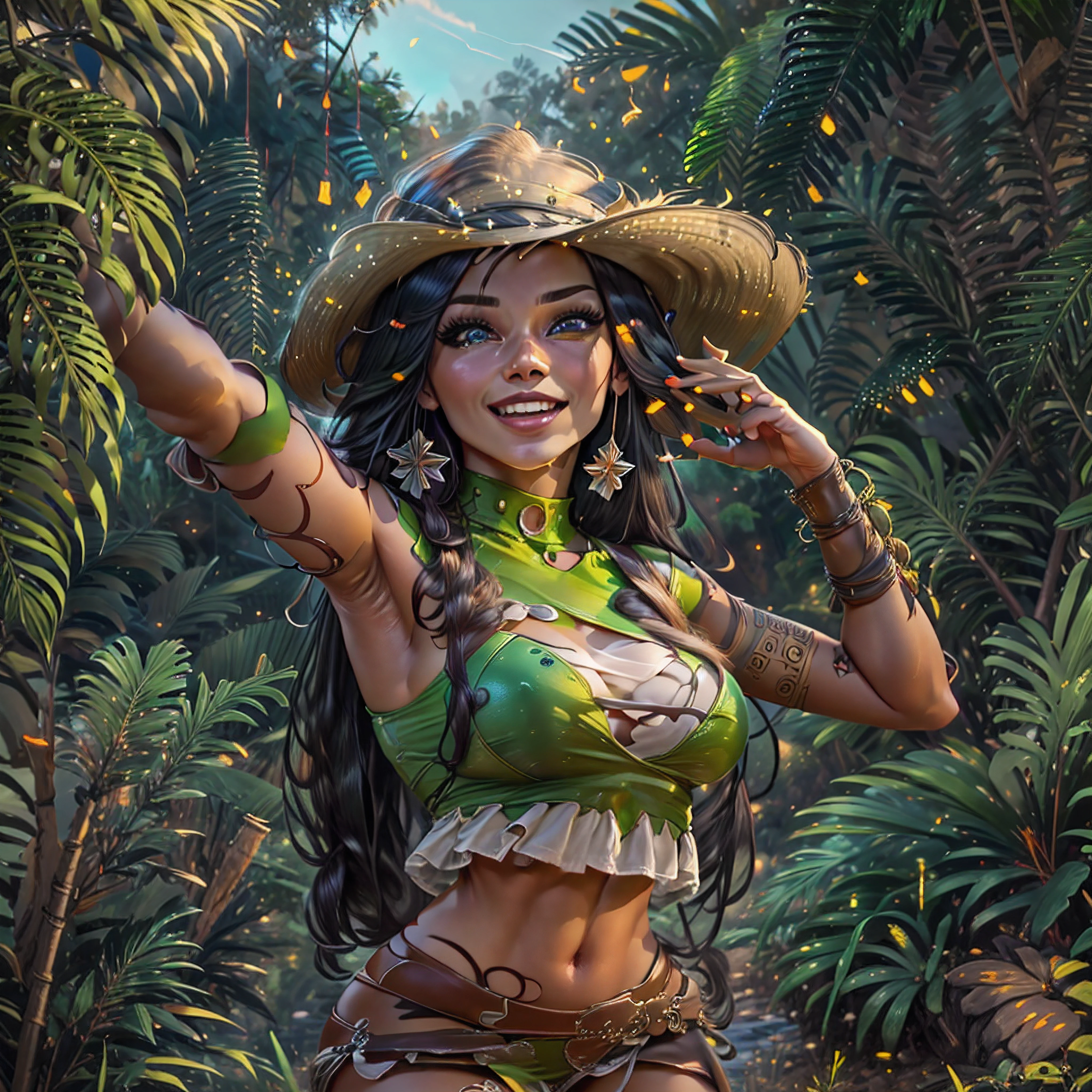 (PocahontasWaifu:1), smile, cute, cute pose, looking at viewer, thick thighs, (tribal, dress:1),

(realistic:1.2), (realism), (masterpiece:1.2), (best quality), (ultra detailed), (8k, 4k, intricate),(full-body-shot:1),(Cowboy-shot:1.2), (85mm),light particles, lighting, (highly detailed:1.2),(detailed face:1.2), (gradients), sfw, colorful,(detailed eyes:1.2),

(detailed ladscape, jungle, vegetation:1.2),(detailed background),detailed landscape, (dynamic angle:1.2), (dynamic pose:1.2), (rule of third_composition:1.3), (Line of action:1.2), wide shot, daylight, solo,