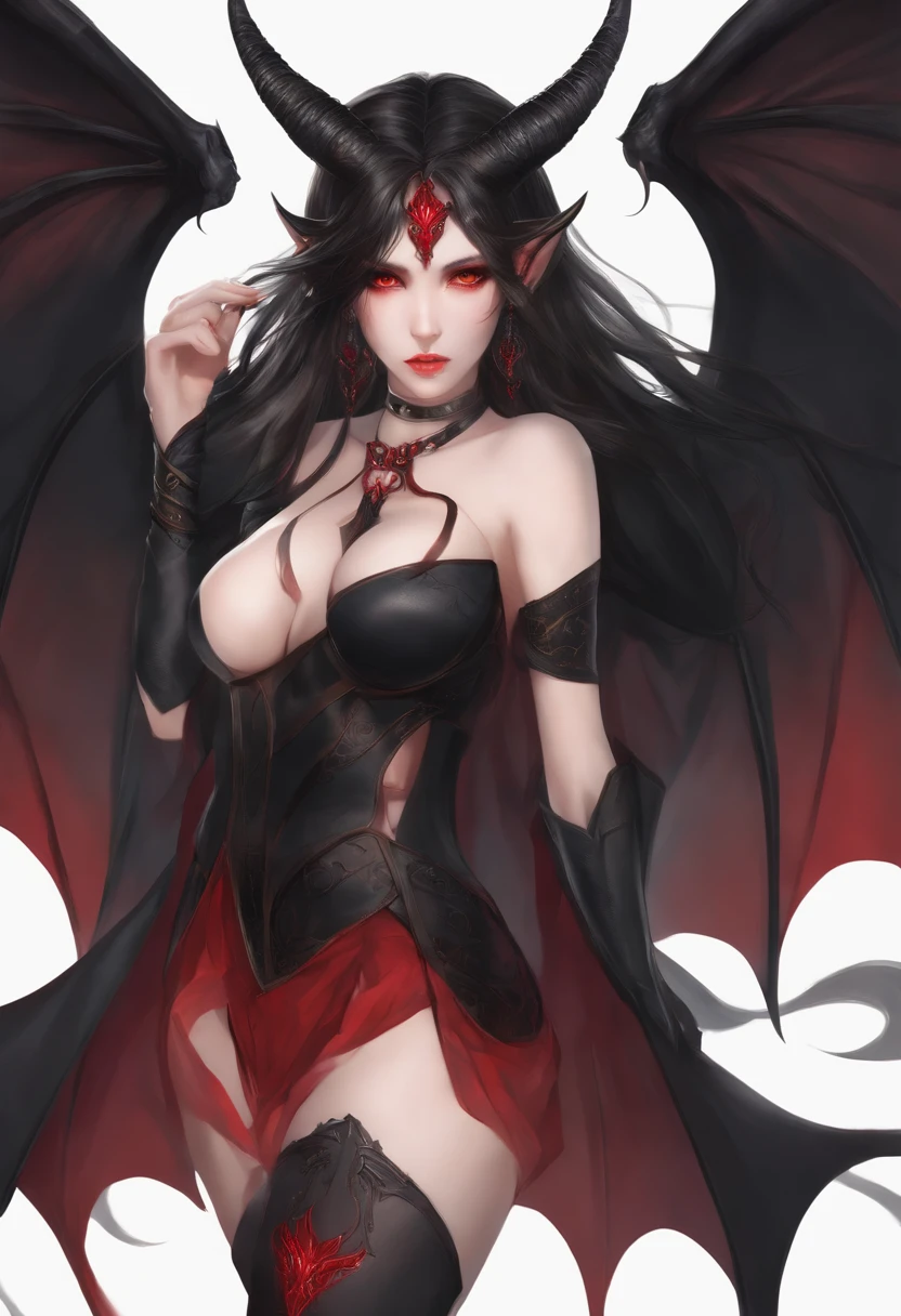 (masterpiece), best quality, expressive eyes, perfect face, small elf ears, long hair, small horn, demon wing, succubus, underwear, full body, thighsocks, red eyes, large breast, red eyes, black hair, black bra, black side-tie panties, demon tail,