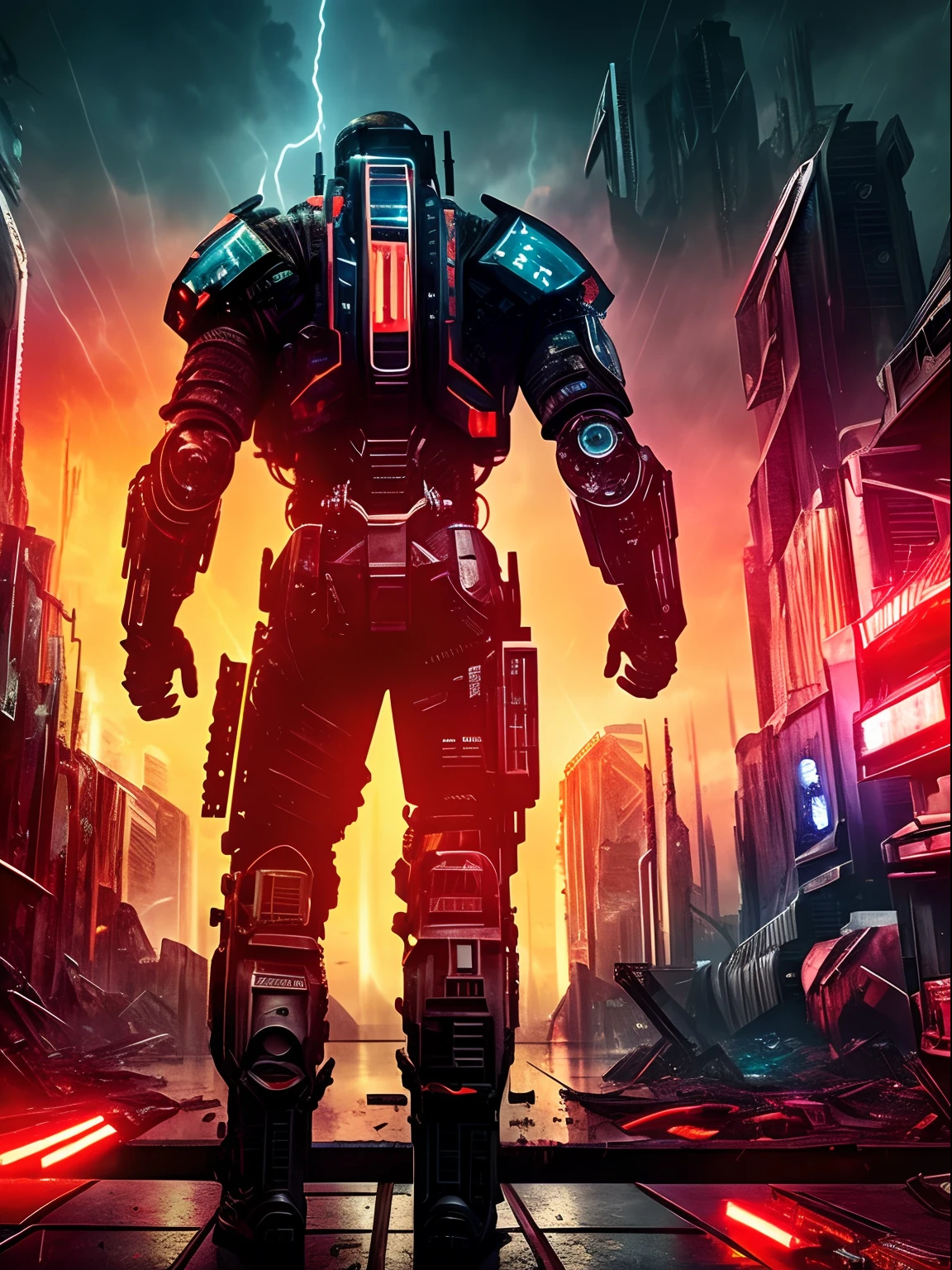 An extreme close-up view of an angy armed half human cyborg, across the view of a devastated metropolis, 3D; apocalyptic retro cyberpunk; heavy thunderstorms; red color splash; dynamic color-field; dynamic action poses; cyclorama effect; ultra realistic, cinematic lighting