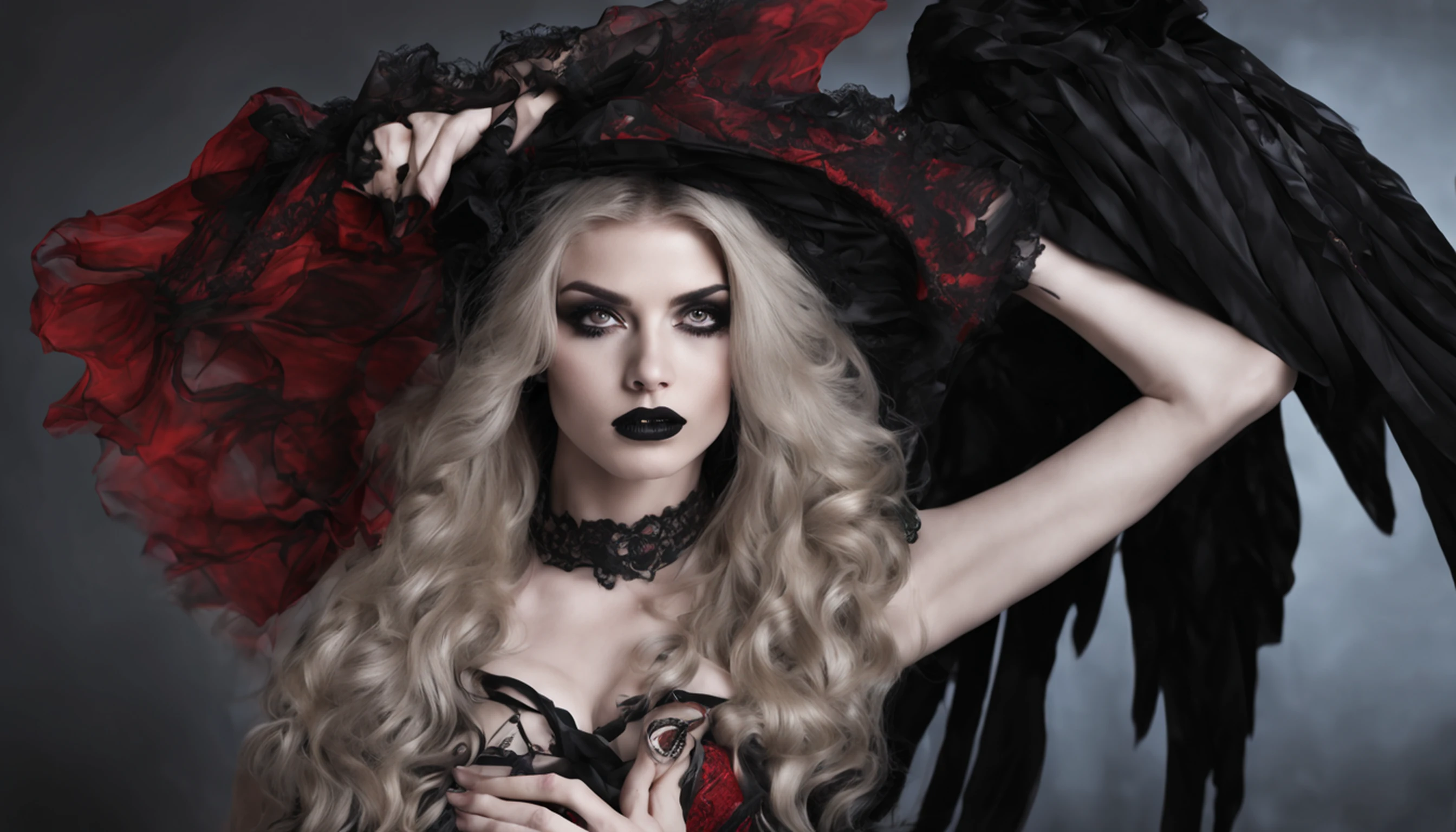 1 Vampiros, (female:0.8), presas venenosas, sangue, Bites on the neck, pale skin, olhos intensos, seductiveexpression, (gotejamento de sangue:1.2), (erotic atmosphere:1.3), Cabelos escuros, long flowing hair, (Vestido de renda preto:1.2), (ombros cortados:0.9), (espartilho vermelho:1.1), (roupas rasgadas:0.8), (pose sedutora:1.2), (Gemendo:1.4), (luar:1.3), (gothic ambient:1.2), (fundo assombroso:1.1), (Levantar uma perna:1.2), (bright lips:0.9), (Sussurre docemente:1.2), (sensual lighting:1.3), (unhas compridas:1.1), (atmosfera pesada:1.2), (Um toque persistente:1.3), (erotic tension:1.4).