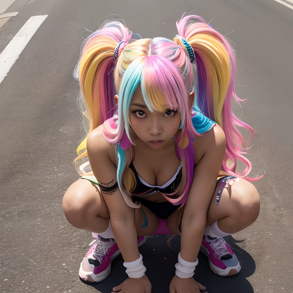 ganguro, street, long hair, multicolored hair, adult, crouching, looking up at viewer, top down view