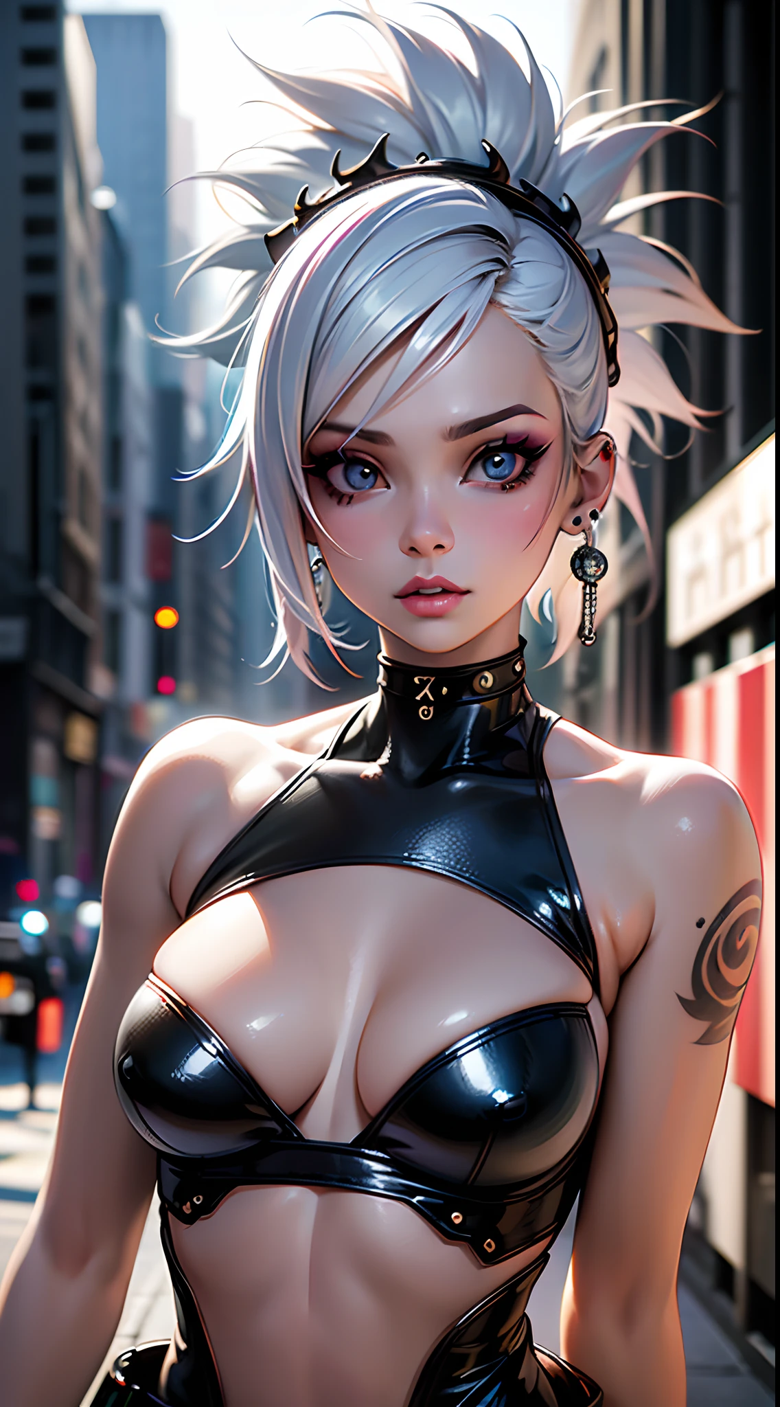 The prompts for the first theme are as follows:
"(Best Quality, 8K, 32K, masutepiece:1.3), Ultra-detailed, (Photorealistic:1.4), white colors, albino, Punk Girl, Detailed eyes, Upper body, Luxurious punk hair, Edgy punk fashion, Avant-garde makeup, Numerous piercings, Heavily tattooed body, Street background, Backlight effect, Shallow depth of field, Blurry background"