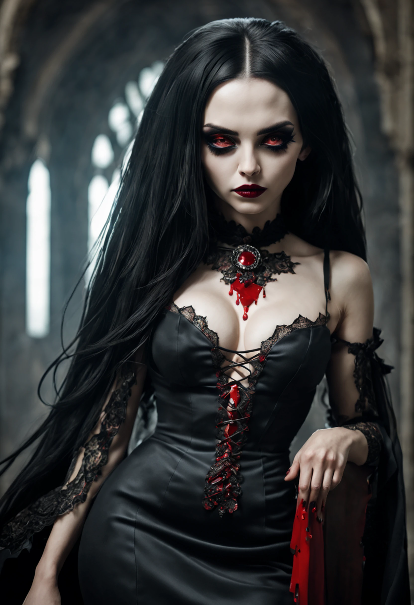 1 Vampiros, (female:0.8), presas venenosas, sangue, Bites on the neck, pale skin, olhos intensos, seductiveexpression, (gotejamento de sangue:1.2), (erotic atmosphere:1.3), Cabelos escuros, long flowing hair, (Vestido de renda preto:1.2), (ombros cortados:0.9), (espartilho vermelho:1.1), (roupas rasgadas:0.8), (pose sedutora:1.2), (Gemendo:1.4), (luar:1.3), (gothic ambient:1.2), (fundo assombroso:1.1), (Levantar uma perna:1.2), (bright lips:0.9), (Sussurre docemente:1.2), (sensual lighting:1.3), (unhas compridas:1.1), (atmosfera pesada:1.2), (Um toque persistente:1.3), (erotic tension:1.4).