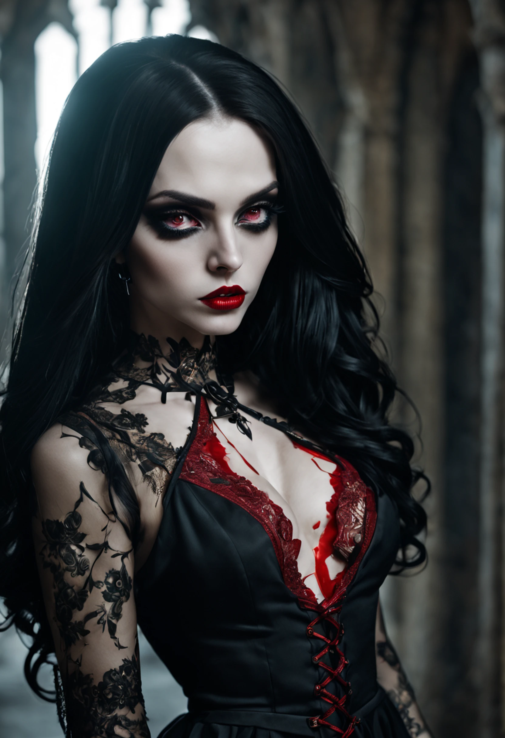 1 Vampiros, (female:0.8), presas venenosas, sangue, Bites on the neck, pale skin, olhos intensos, seductiveexpression, (gotejamento de sangue:1.2), (erotic atmosphere:1.3), Cabelos escuros, long flowing hair, (Vestido de renda preto:1.2), (ombros cortados:0.9), (espartilho vermelho:1.1), (roupas rasgadas:0.8), (pose sedutora:1.2), (Gemendo:1.4), (luar:1.3), (gothic ambient:1.2), (fundo assombroso:1.1), (Levantar uma perna:1.2), (bright lips:0.9), (Sussurre docemente:1.2), (sensual lighting:1.3), (unhas compridas:1.1), (atmosfera pesada:1.2), (Um toque persistente:1.3), (erotic tension:1.4).