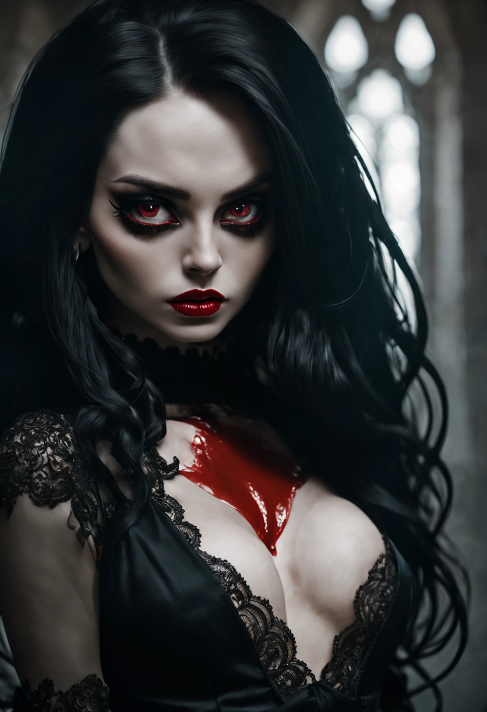 1 Vampiros, (female:0.8), presas venenosas, sangue, Bites on the neck, pale skin, olhos intensos, seductiveexpression, (gotejamento de sangue:1.2), (erotic atmosphere:1.3), Cabelos escuros, long flowing hair, (Vestido de renda preto:1.2), (ombros cortados:0.9), (espartilho vermelho:1.1), (roupas rasgadas:0.8), (pose sedutora:1.2), (Gemendo:1.4), (luar:1.3), (gothic ambient:1.2), (fundo assombroso:1.1), (Levantar uma perna:1.2), (bright lips:0.9), (Sussurre docemente:1.2), (sensual lighting:1.3), (unhas compridas:1.1), (atmosfera pesada:1.2), (Um toque persistente:1.3), (erotic tension:1.4).