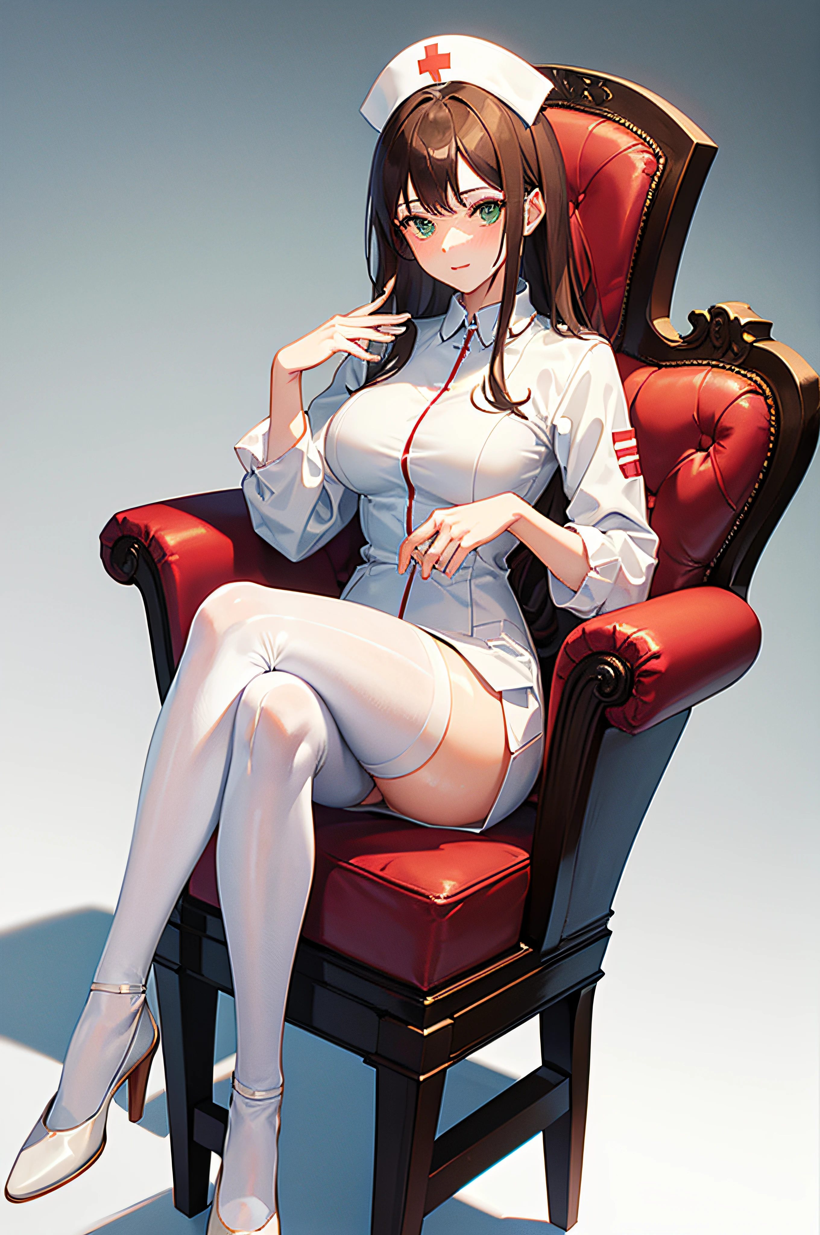 close up image, portrait, female nurse, in full white full body suit, brown hair, long white stockings, white shoes, sitting in a chair, legs crossed, sexy, perfect anatomy, ((no hat)),no buttons, green eyes, blushing face, messy hair, transparent clothes, slight smile, detailed eyes, feminine features, elegant curves) picture in front. office.