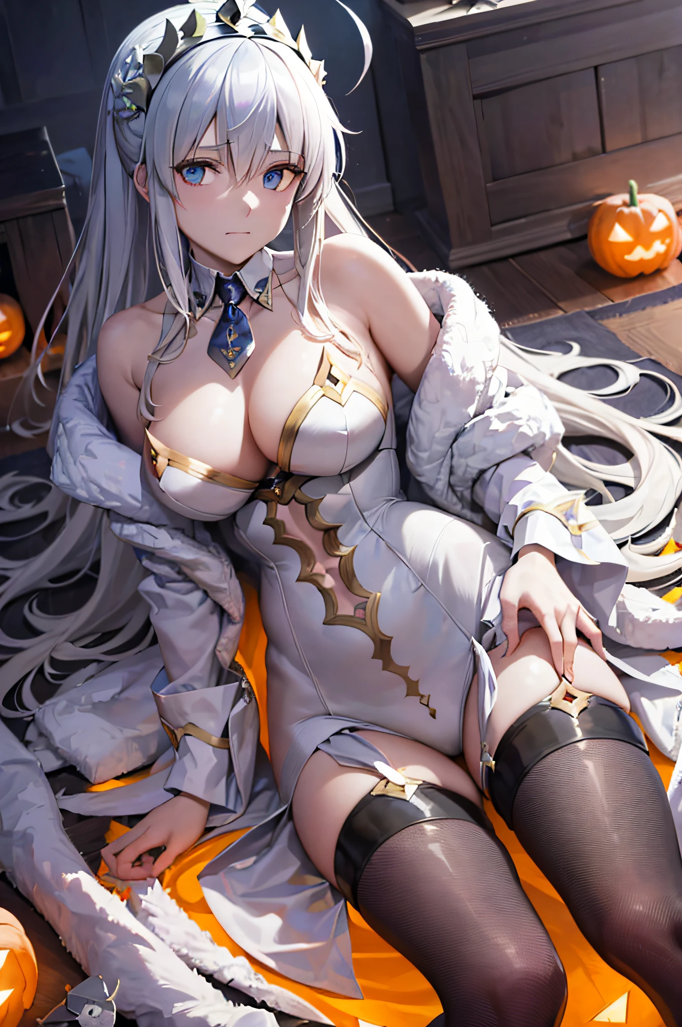 artoria pendragon, halloween, sem armadura, peitos grandes, coxas grandes, ultra detalhado, cores vivas, fundo halloween, olhos brilhantes, beleza assombrosa, pose encantadora, fate/grand order, cabelo loiro, muito detalhado,