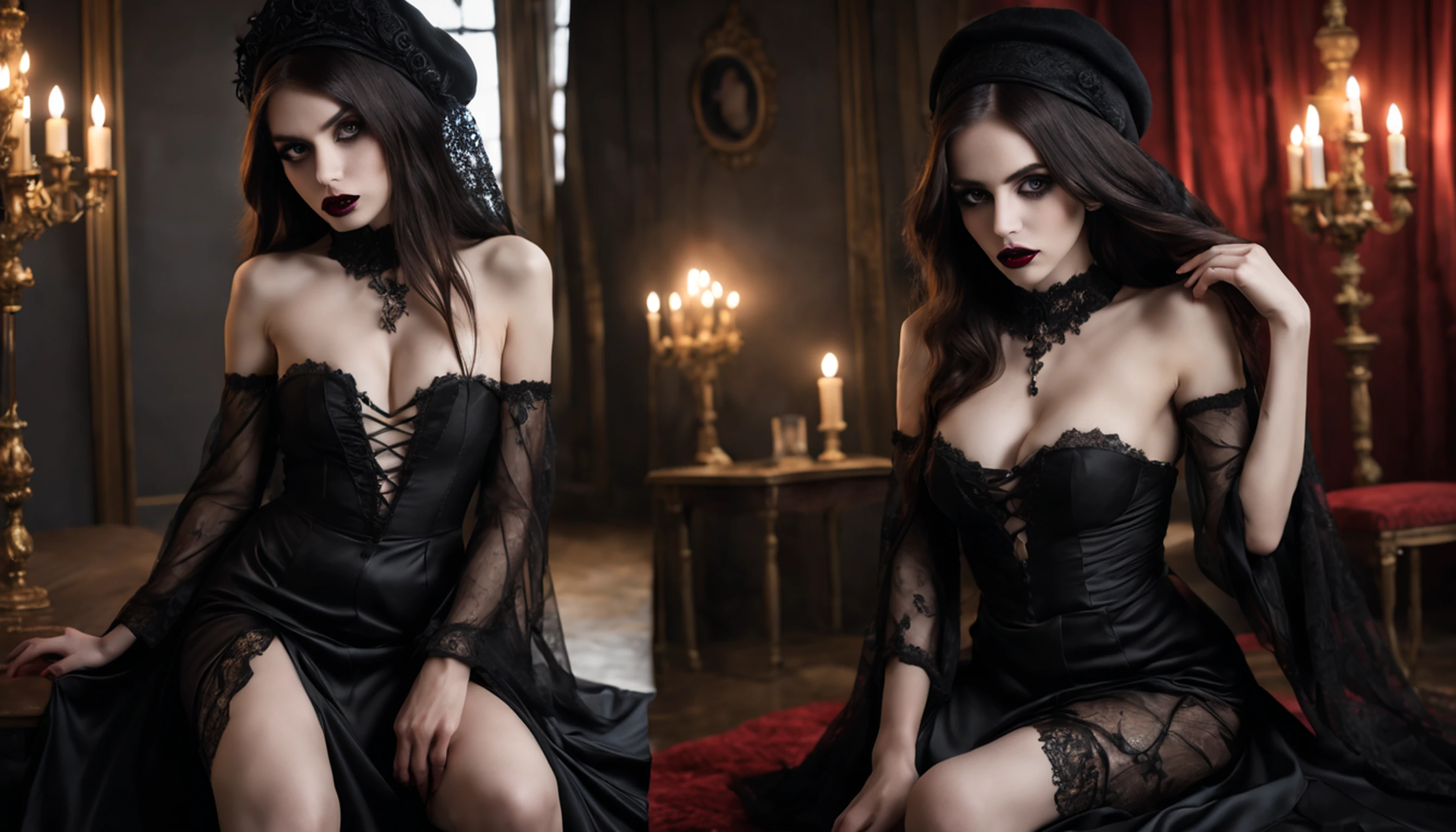 1 Vampiros, (female:0.8), presas venenosas, sangue, Bites on the neck, pale skin, olhos intensos, seductiveexpression, (gotejamento de sangue:1.2), (erotic atmosphere:1.3), Cabelos escuros, long flowing hair, (Vestido de renda preto:1.2), (ombros cortados:0.9), (espartilho vermelho:1.1), (roupas rasgadas:0.8), (pose sedutora:1.2), (Gemendo:1.4), (luar:1.3), (gothic ambient:1.2), (fundo assombroso:1.1), (Levantar uma perna:1.2), (bright lips:0.9), (Sussurre docemente:1.2), (sensual lighting:1.3), (unhas compridas:1.1), (atmosfera pesada:1.2), (Um toque persistente:1.3), (erotic tension:1.4).