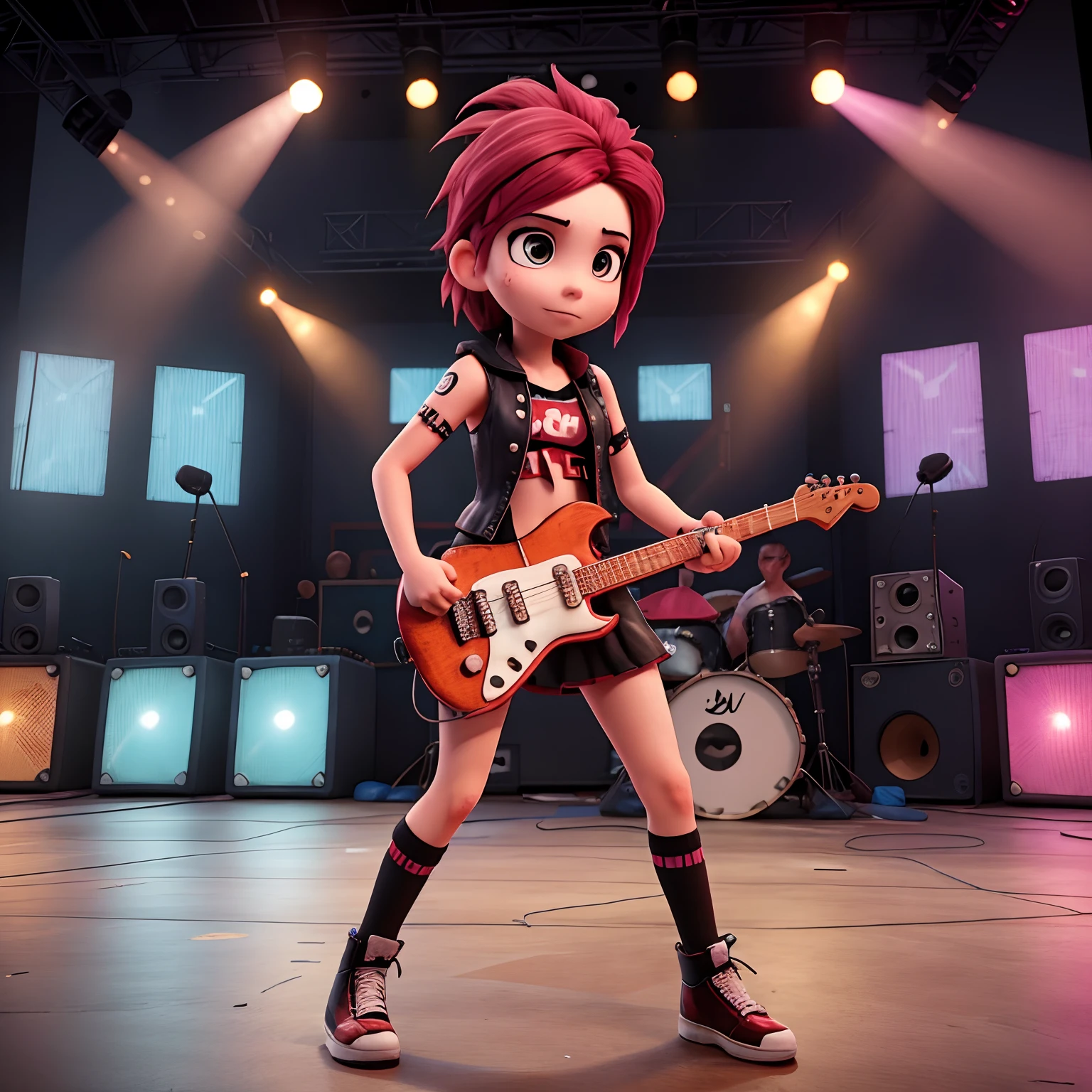 Punk rock girl violently smashing a guitar on stage.
