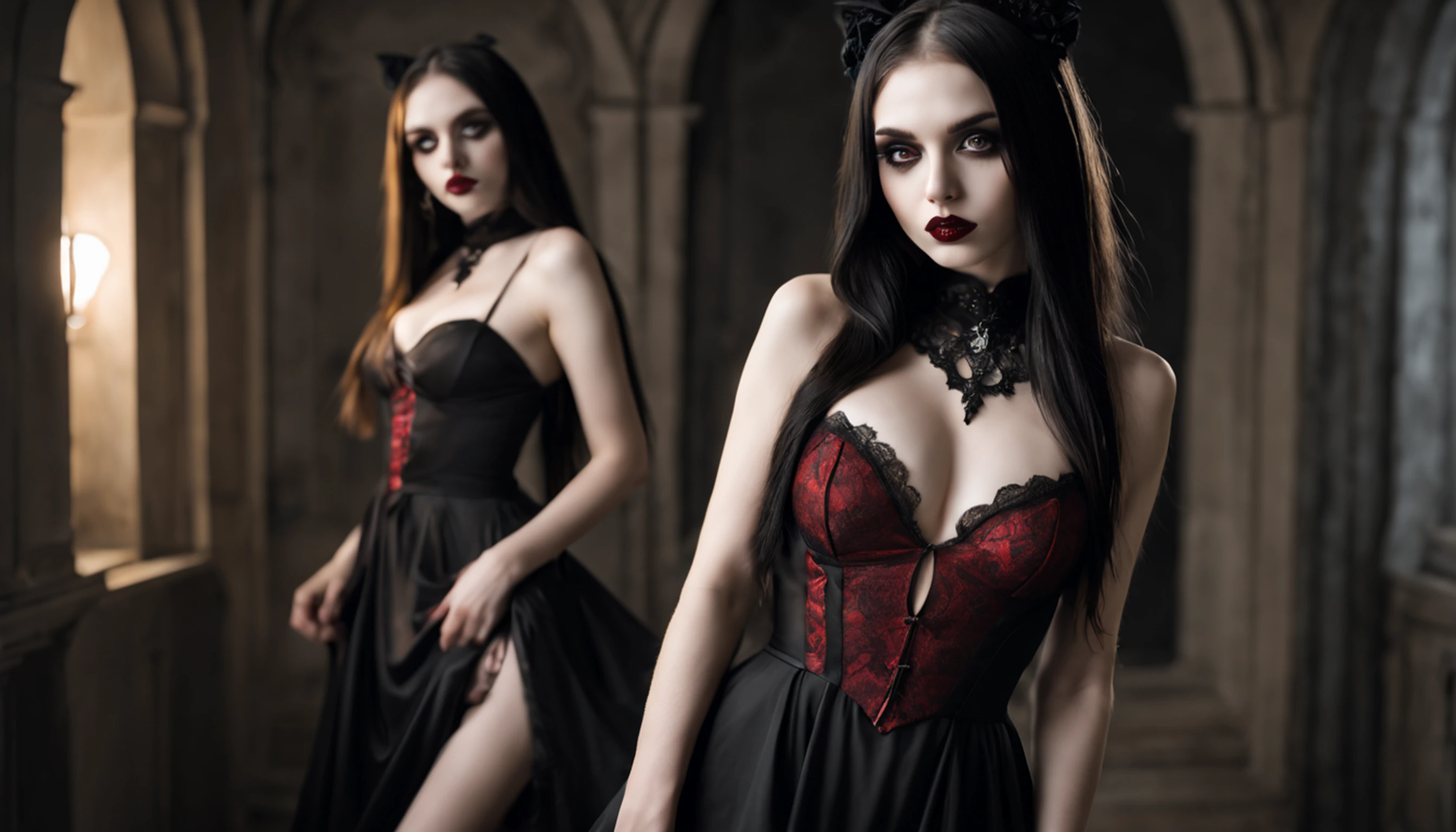 1 Vampiros, (female:0.8), presas venenosas, sangue, Bites on the neck, pale skin, olhos intensos, seductiveexpression, (gotejamento de sangue:1.2), (erotic atmosphere:1.3), Cabelos escuros, long flowing hair, (Vestido de renda preto:1.2), (ombros cortados:0.9), (espartilho vermelho:1.1), (roupas rasgadas:0.8), (pose sedutora:1.2), (Gemendo:1.4), (luar:1.3), (gothic ambient:1.2), (fundo assombroso:1.1), (Levantar uma perna:1.2), (bright lips:0.9), (Sussurre docemente:1.2), (sensual lighting:1.3), (unhas compridas:1.1), (atmosfera pesada:1.2), (Um toque persistente:1.3), (erotic tension:1.4).