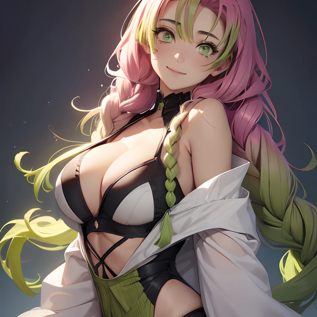 masutepiece, Mitsurikan Log, mitsuri kanroji, braid, Gradient Hair, (Green eyes:1.5), Green hair, Long hair, Mole, Mole under the eyes, multicolored hair, Pink hair, Twin braids, Two-tone hair, cleavage, BREAK looking at viewer, Break indoors, BREAK (masutepiece:1.2), Best Quality, High resolution, Unity 8k壁纸, (Illustration:0.8), (Beautiful detailed eyes:1.6), extra detailed face, Perfect Lighting, extremely details CG, (Perfect hands, Perfect Anatomy),colourful hair, The whole body is reflected, (Off-the-shoulder costumes:1.5), ((chest wide open and exposed)), (Smile), ((undergarment)), ((Torn clothes)), ((The bikini)), , ((Torn clothing))