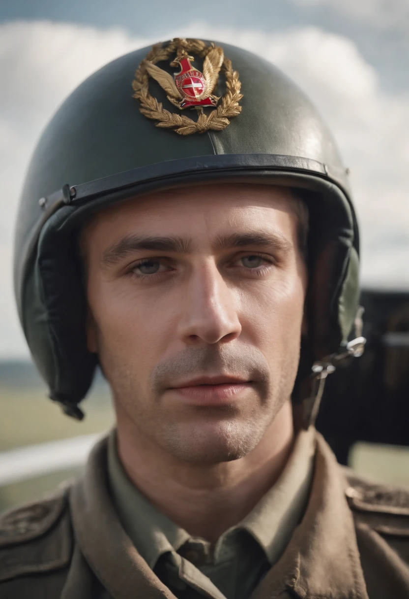 34-year-old man with mustache wearing military uniform and military hat sitting on a military plane, a color photo inspired by Oskar Lüthy, tumblr, bauhaus, baron harkonnen!, vergil, roguish smile, wolfenstein, baron harkonnen, igla filmed movie, looks like domhnall gleeson, (serious face), (full body: 1.6), slender, (((ginger hair))), (((looking to the side))), ((short hair, military hair)), Hyper-detailed, ultra-sharp, 8K, (insanely detailed:1.5), full-body photography, 20 megapixels, Canon EOS R3, detailed skin, pale skin, not looking at photo, (Camera flash bright photograph:1.2), Soft neutral aesthetics, (eye focus), (hard shadows, pitch black background, unlit, dark theme, dim lighting, deep contrast:1.1), (Focus background), (motion blur, lens blur, out of focus:1.1)