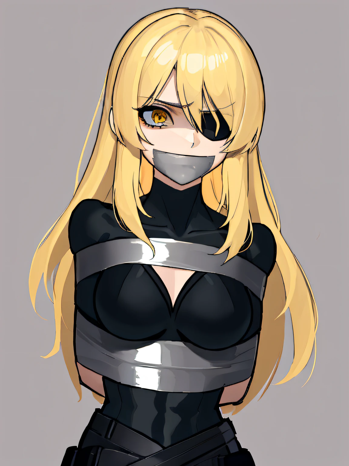 (absurdres, 8k, 4k, masterpiece, hyper extreme detailed:1.2), (masterpiece), best quality, expressive eyes, highres, perfect eyes, 1girl, perfect face, perfect hands, standing, belt, 1girl, blonde hair, eyepatch, perfect anatomy, eyepatch, long hair, platinum blonde hair, muscular, toned body, strong, empty eyes, empty eyes, blank stare, straps, golden eyes, deadpan, expressionless, tired, fatigue, shaded face, floating, bondage, bdsm, bound, bdsm, tape gag, tape, tape bondage, restrained, tape wrapped, wrap gag, bondage, taped wrists, taped breasts, taped mouth, taped elbows, taped forearms, standing up, 1girl, arms behind back,