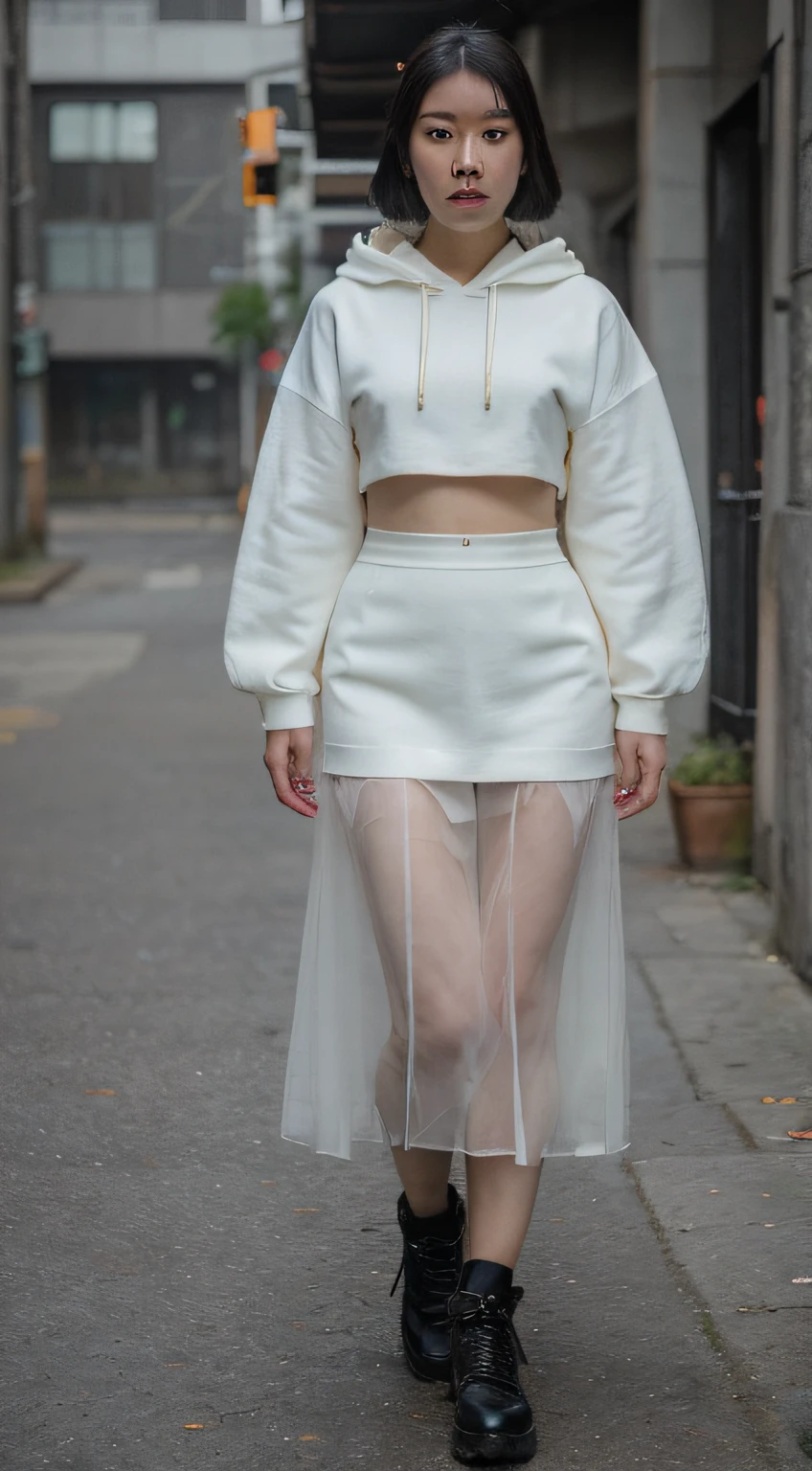Extravagant Chinese Clothing, Young Chinese Woman, hooded sweatshirt, Eco leather, Long asemetric skirt, Cuts, tape, Transparent Shoes, Neo-Futurism style, fashionable, Metropolis around, ultradetail, A hyper-realistic