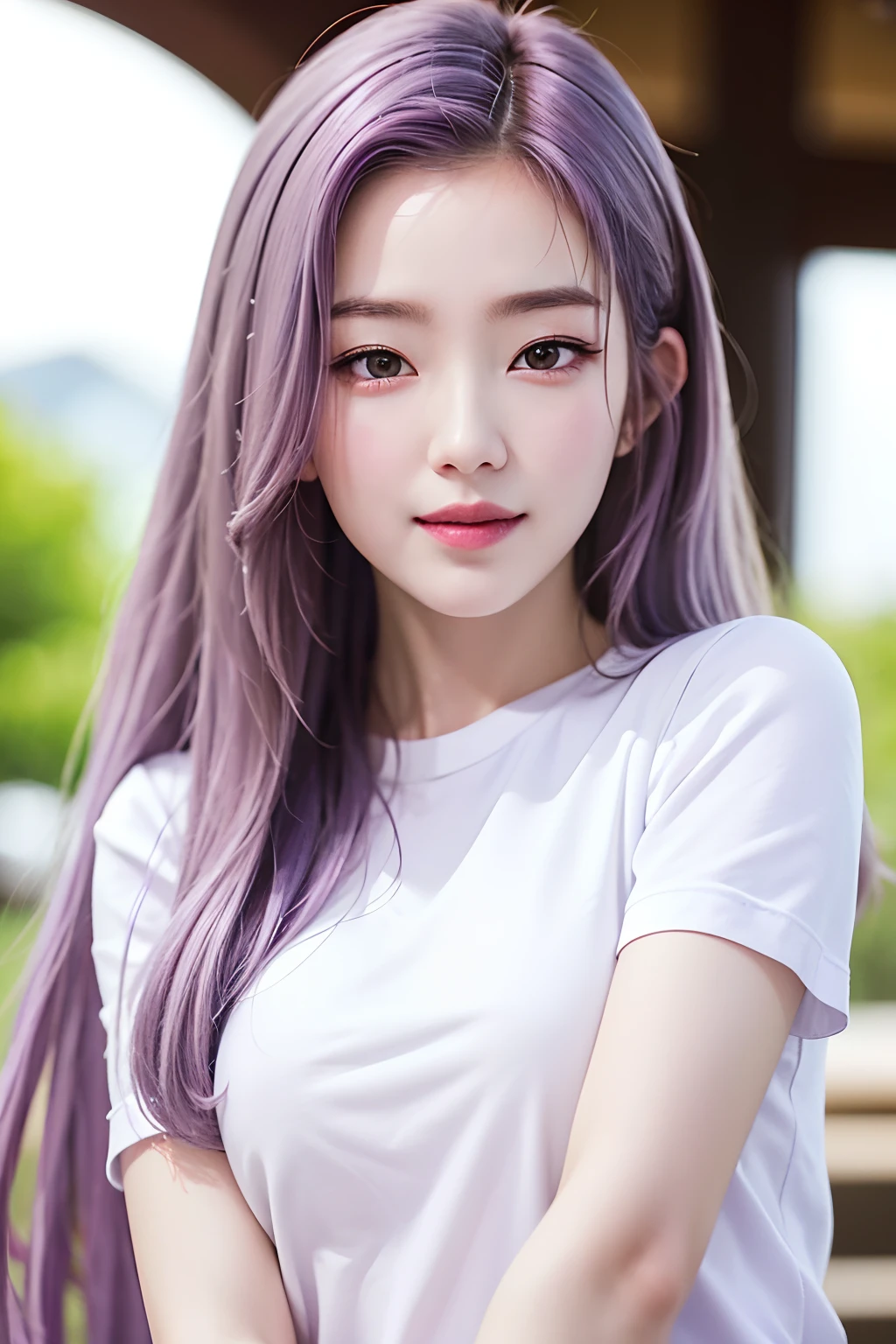 extremely detailed eye、extra detailed face、best qualtiy、​masterpiece、ighly detailed、ultra-detailliert、(realisitic、Photorealsitic:1.3)、a smile、(facing front)、Look at viewers、white  shirt、A clear day、outside of house、1 Girl's upper body、Purple and white gradient hair color。