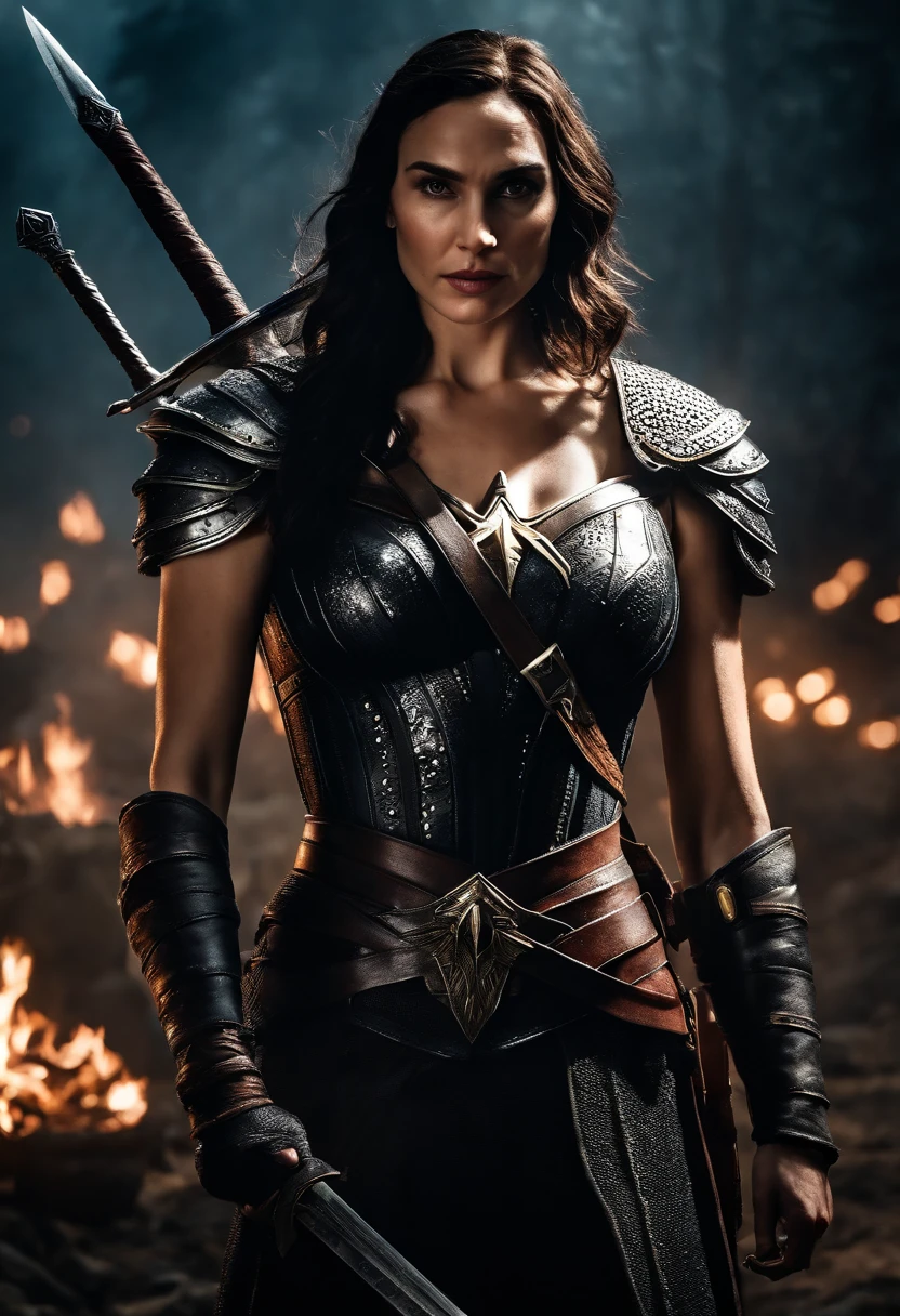 Gal Gadot,as a Witcher, from Witcher 3, massive perfect breast,surrounded by monster, holding sword,