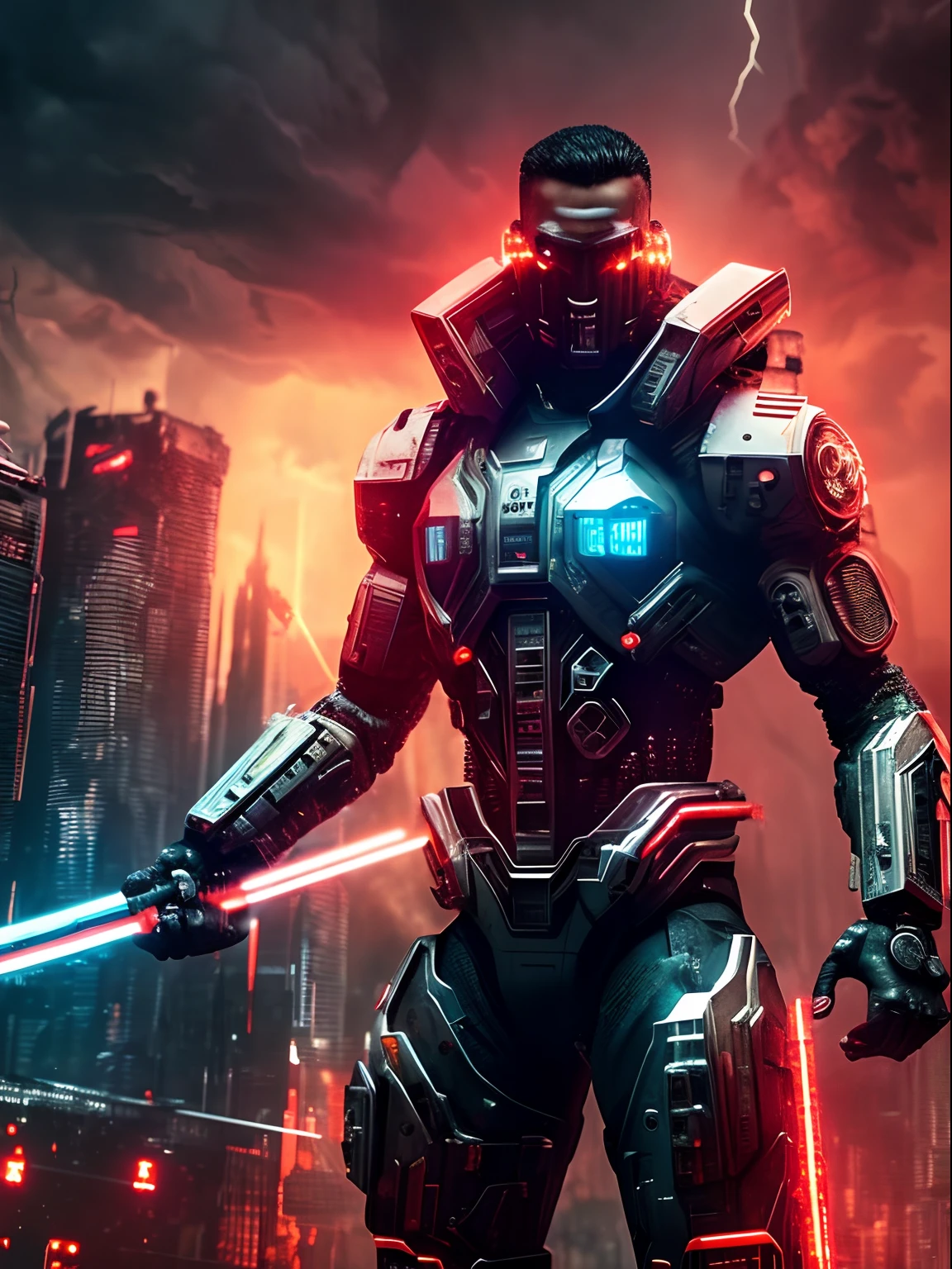An extreme close-up view of a very angy armed half human cyborg, fierce; across the view of a devastated metropolis, 3D; apocalyptic retro cyberpunk; heavy thunderstorms; red color splash; dynamic color-field; dynamic action poses; cyclorama effect; ultra realistic, cinematic lighting