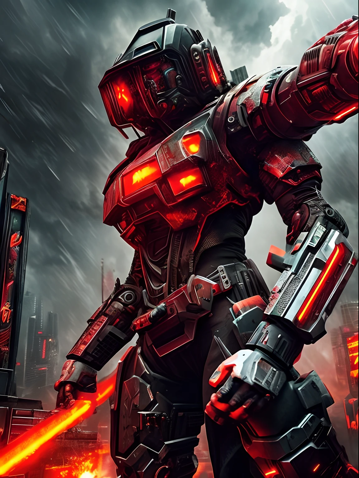 An extreme close-up of a very angy armed half human cyborg, fierce; across the view of a devastated metropolis, 3D; apocalyptic retro cyberpunk; heavy thunderstorms; red color splash; dynamic color-field; dynamic action poses; cyclorama effect; ultra realistic, cinematic lighting