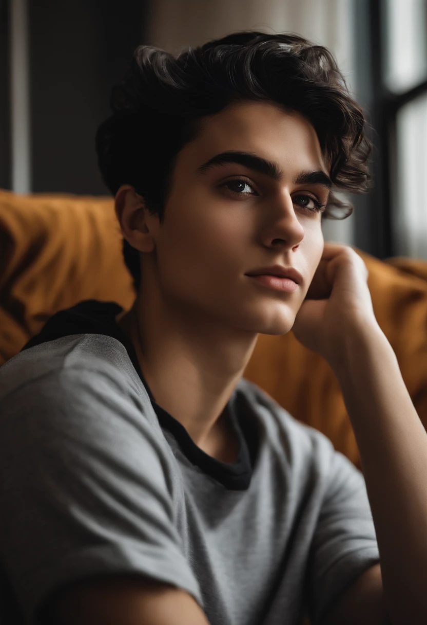 tall slightly muscular teenager (17-18 yrs). short messy black hair, sharp jawline, busy yet trimmed eyebrows, dark brown eyes, bump on nose, black compressed shirt, gray sweatpants, sitting in living room