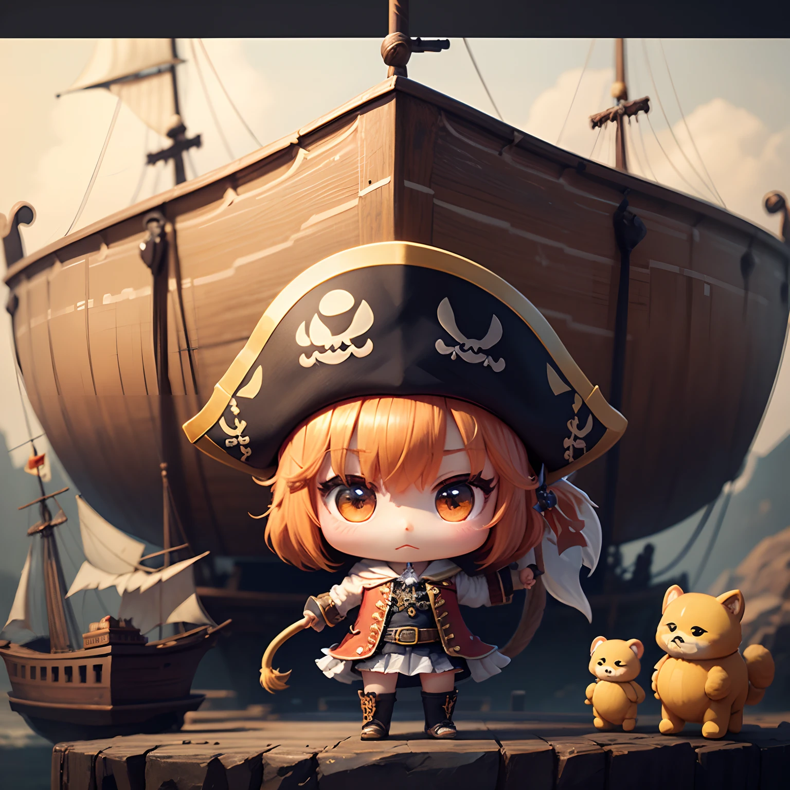 masterpiece、top-quality、ultra-detailliert、(Chibi Chara Pirate:1.2)、独奏、Explorer、Ship tip、Standing、