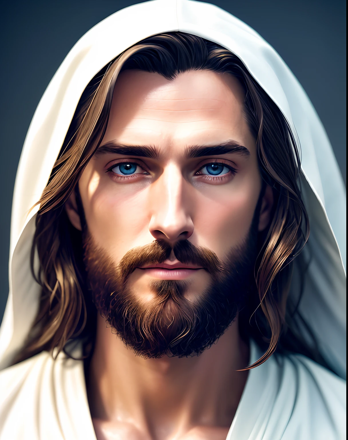 (symmetry),centered,a ((close)) up portrait,(Jesus),a very thin white man with long hair and a beard,wearing a long white robe,35mm,natural skin,clothes  detail, 8k texture, 8k, insane details, intricate details, hyperdetailedhighly detailed,realistic,soft cinematic light,HDR,sharp focus, ((((cinematic look)))),intricate, elegant, highly detailed