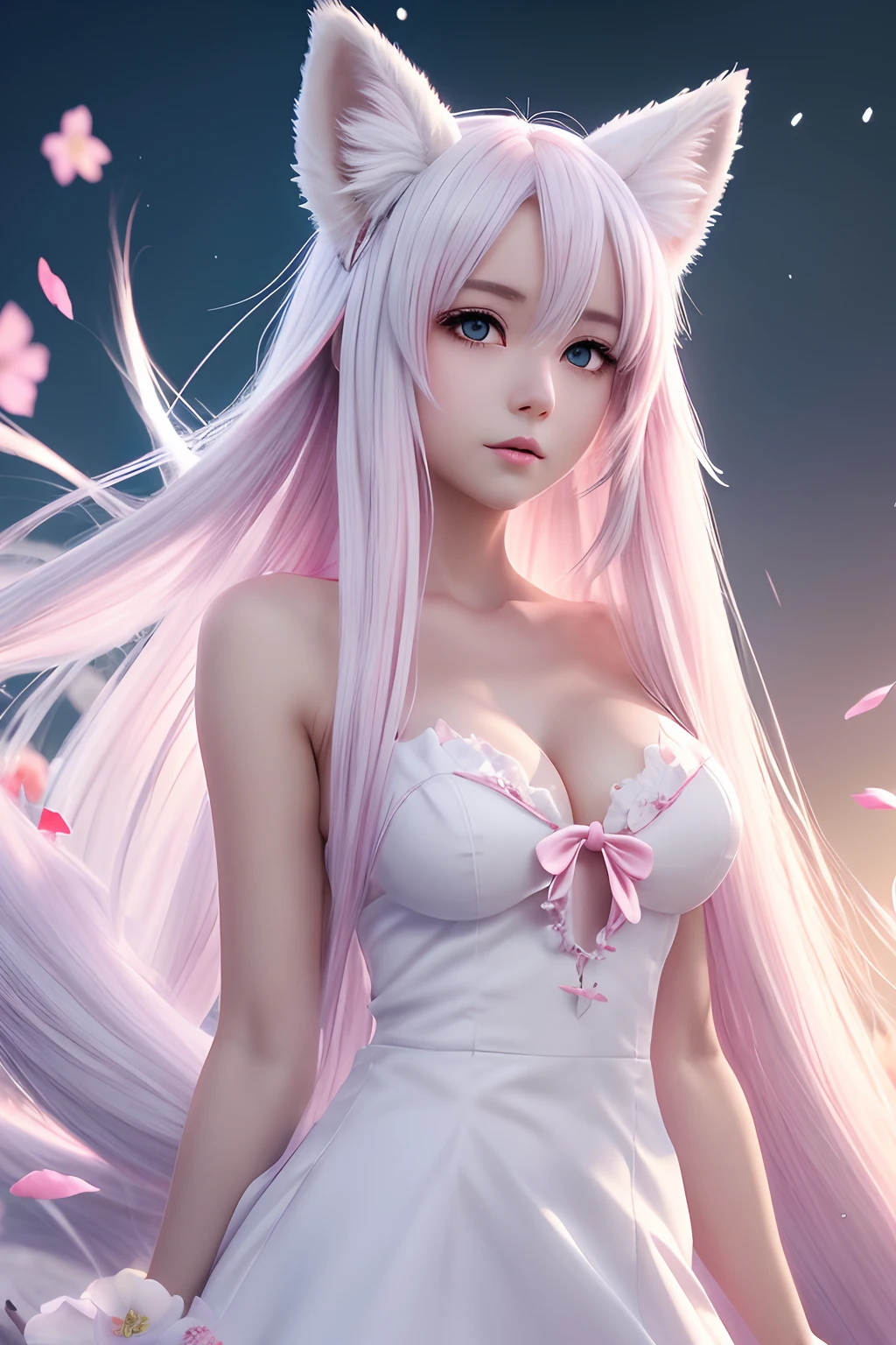 Nine snow-white fox tails (1.0), The tail of a milk fox (1.0), Fox close-up with nine tails, The Nine-Tails, The Nine-Tails, Anime girl with white hair and white dress with flowers on her hair, Very beautiful anime fox girl, Beautiful anime fox girl, beautiful fantasy anime, guweiz, Anime girl with fox ears, beautiful anime girl, Very beautiful and cute fox girl, Pink flower rain, background blur, anime style 4 k, anime fantasy artwork, 4k anime wallpaper, A work of art in the style of Gouveza