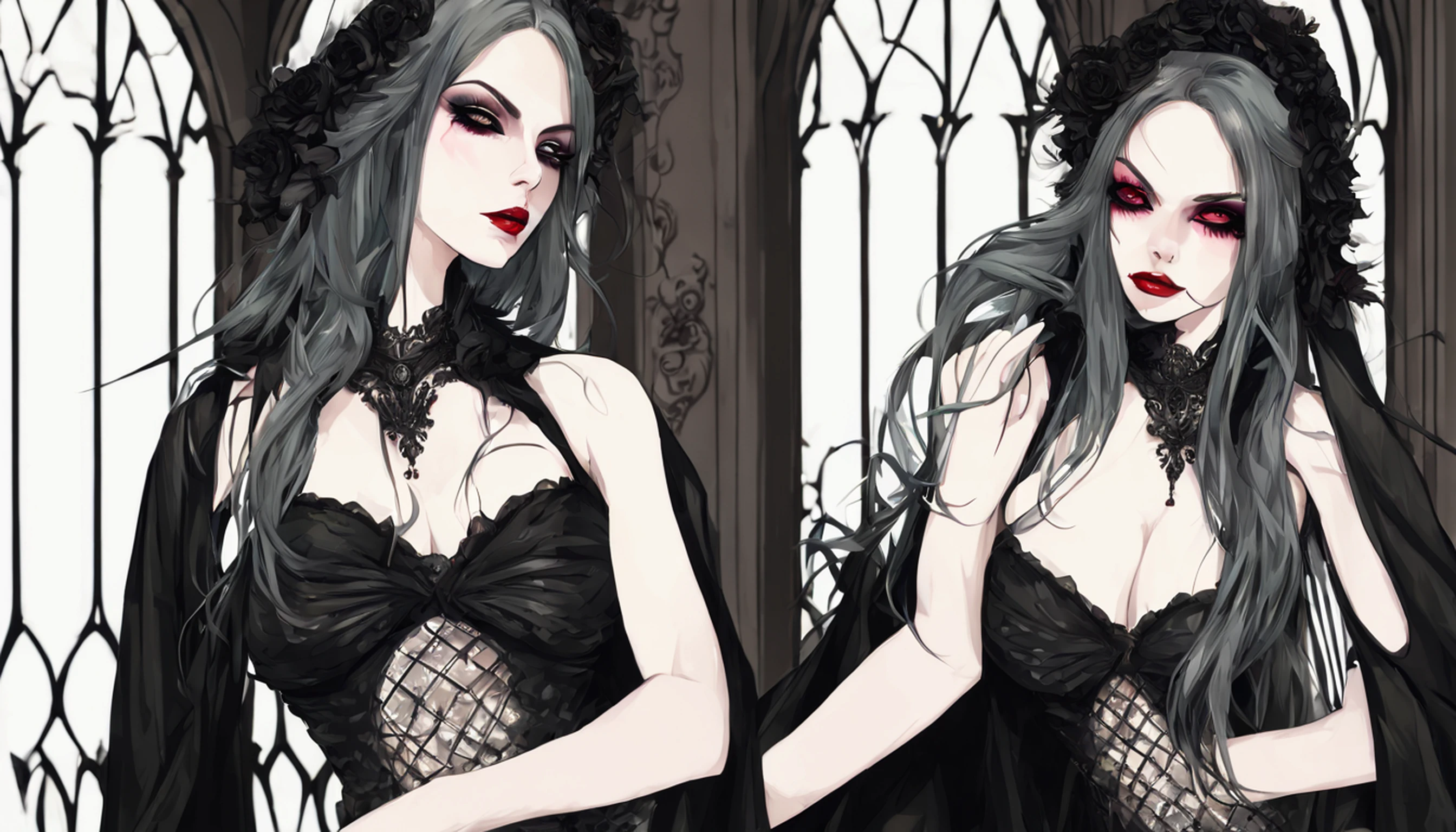 1 Vampiros, (female:0.8), presas venenosas, sangue, Bites on the neck, pale skin, olhos intensos, seductiveexpression, (gotejamento de sangue:1.2), (erotic atmosphere:1.3), Cabelos escuros, long flowing hair, (Vestido de renda preto:1.2), (ombros cortados:0.9), (espartilho vermelho:1.1), (roupas rasgadas:0.8), (pose sedutora:1.2), (Gemendo:1.4), (luar:1.3), (gothic ambient:1.2), (fundo assombroso:1.1), (Levantar uma perna:1.2), (bright lips:0.9), (Sussurre docemente:1.2), (sensual lighting:1.3), (unhas compridas:1.1), (atmosfera pesada:1.2), (Um toque persistente:1.3), (erotic tension:1.4).