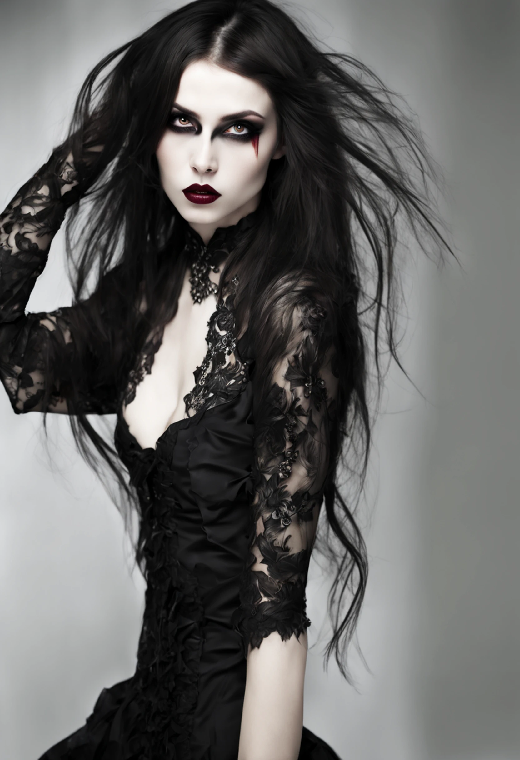 1 Vampiros, (female:0.8), presas venenosas, sangue, Bites on the neck, pale skin, olhos intensos, seductiveexpression, (gotejamento de sangue:1.2), (erotic atmosphere:1.3), Cabelos escuros, long flowing hair, (Vestido de renda preto:1.2), (ombros cortados:0.9), (espartilho vermelho:1.1), (roupas rasgadas:0.8), (pose sedutora:1.2), (Gemendo:1.4), (luar:1.3), (gothic ambient:1.2), (fundo assombroso:1.1), (Levantar uma perna:1.2), (bright lips:0.9), (Sussurre docemente:1.2), (sensual lighting:1.3), (unhas compridas:1.1), (atmosfera pesada:1.2), (Um toque persistente:1.3), (erotic tension:1.4).