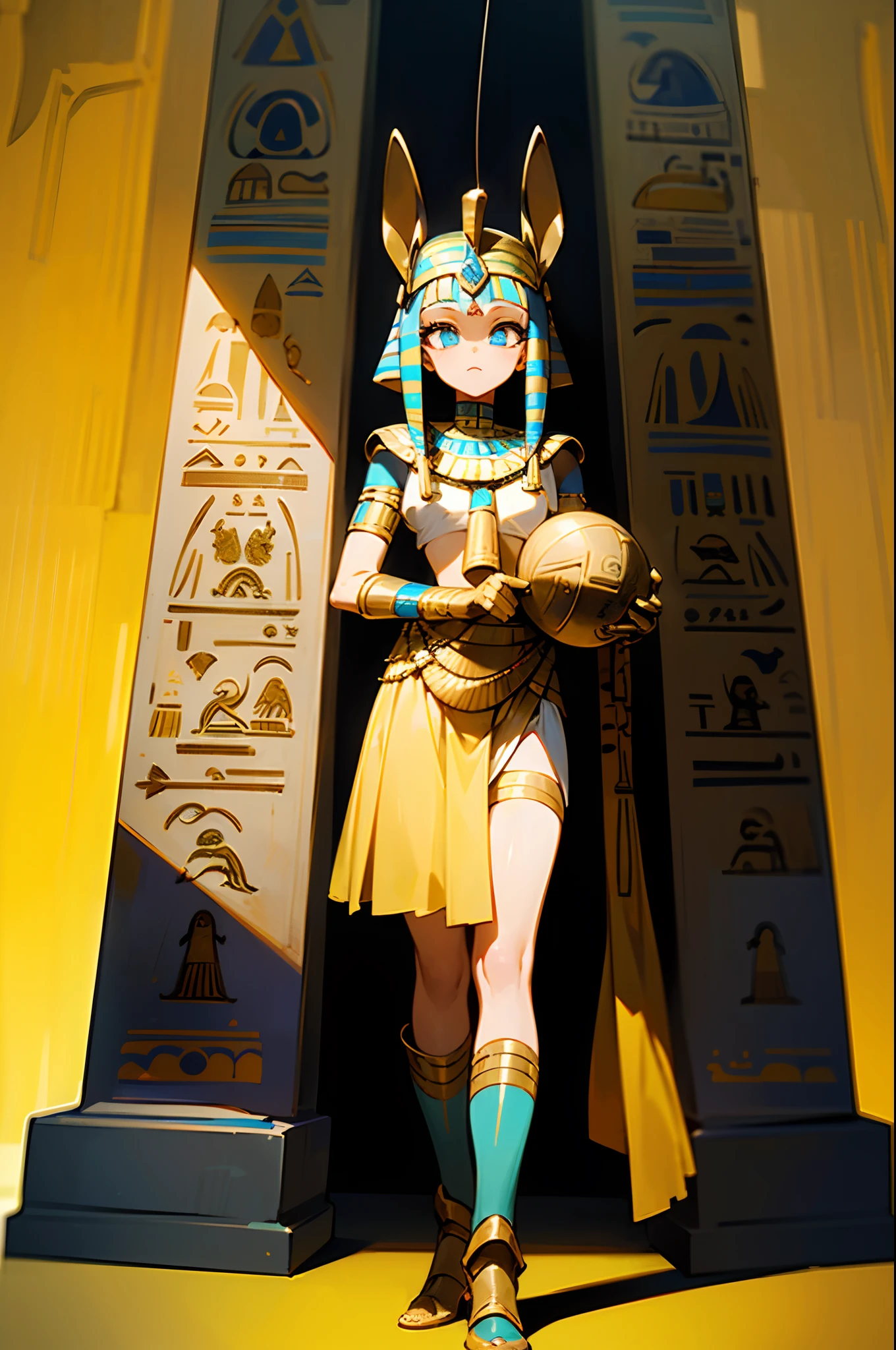 ((masterpiece、top-quality、Deformed、animesque、extremely delicate and beautiful)))、Angle from the front、Pop Art Style、 (((The Girl Who Watched Egyptian Mythology)))、Egyptian decoration、head phone、Amplifier terminals、cables、Egyptian style golden boots、full body Esbian、Anubis、(((cyberpunked)))、(((charactor focus)))、 scientific fiction、(((hyeroglyphics)))、Club-style stone chamber、Mechanical background、Radioactivity mark、highly intricate detail、colourfull、Spiritual silence