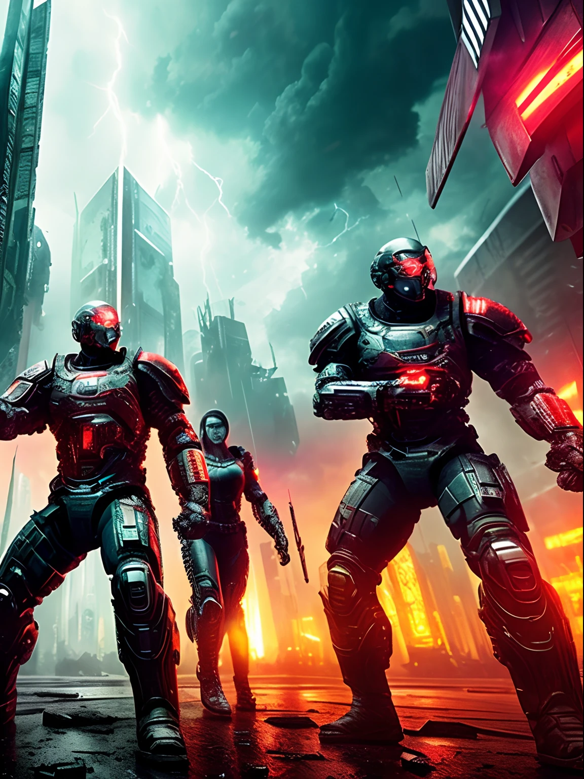 An extreme close-up view of a group of very angy armed half human cyborgs, fierce; across the view of a devastated metropolis, 3D; apocalyptic retro cyberpunk; heavy thunderstorms; red color splash; dynamic color-field; dynamic action poses; cyclorama effect; ultra realistic, cinematic lighting